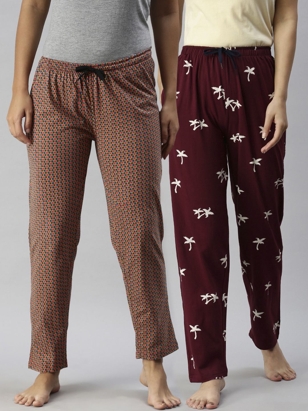 Kryptic Pack of 2 Mustard & Maroon Printed Cotton Pyjamas Price in India