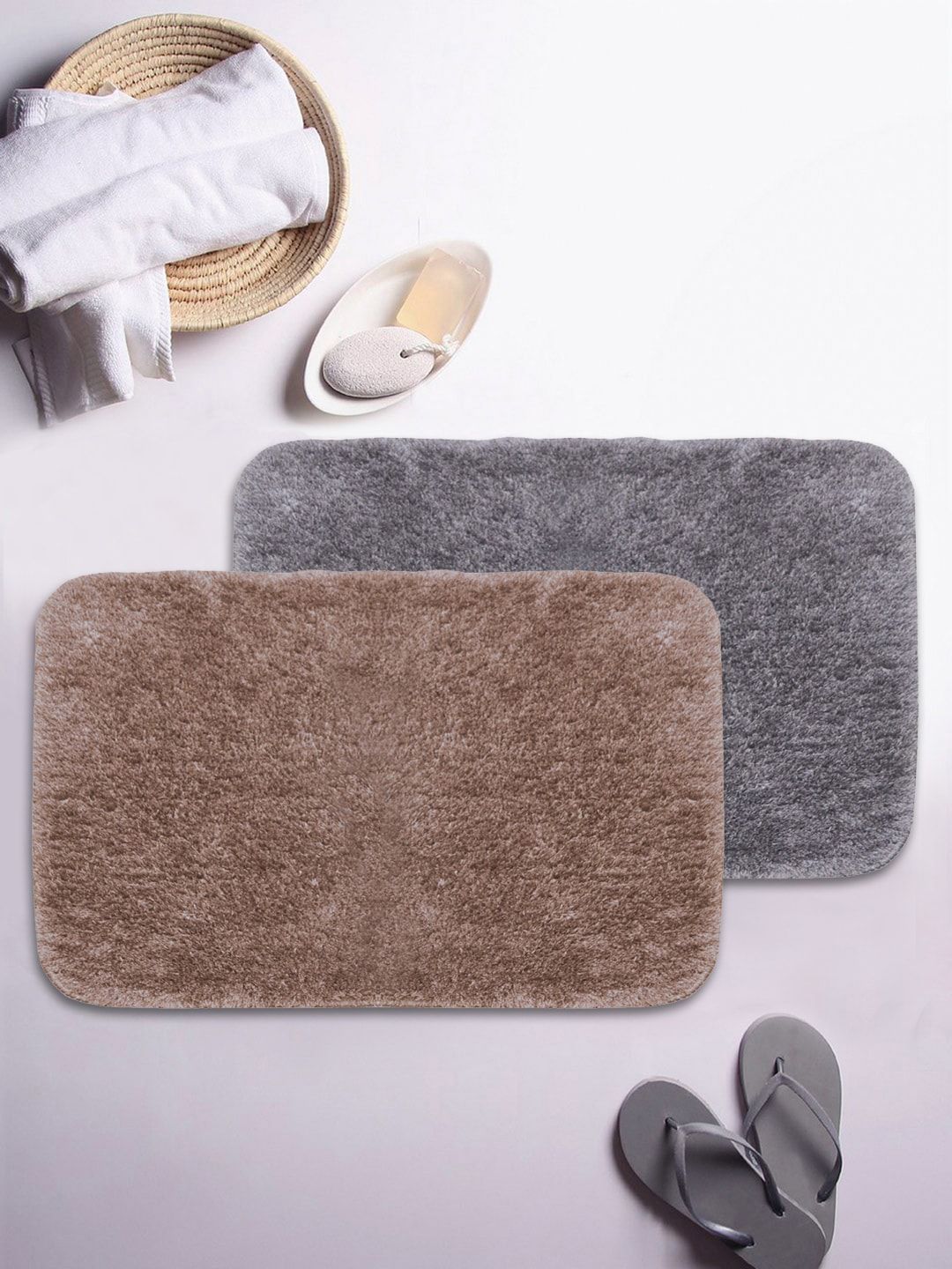 BIANCA Set Of 2 Brown & Grey Solid 1850 GSM Plush Anti-Skid Bath Rugs Price in India