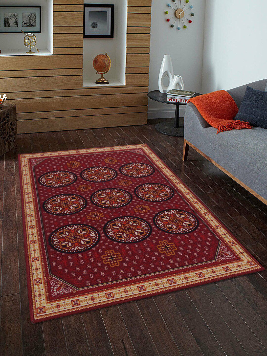 RUGSMITH Red & Brown Printed Anti-Skid Carpet Price in India