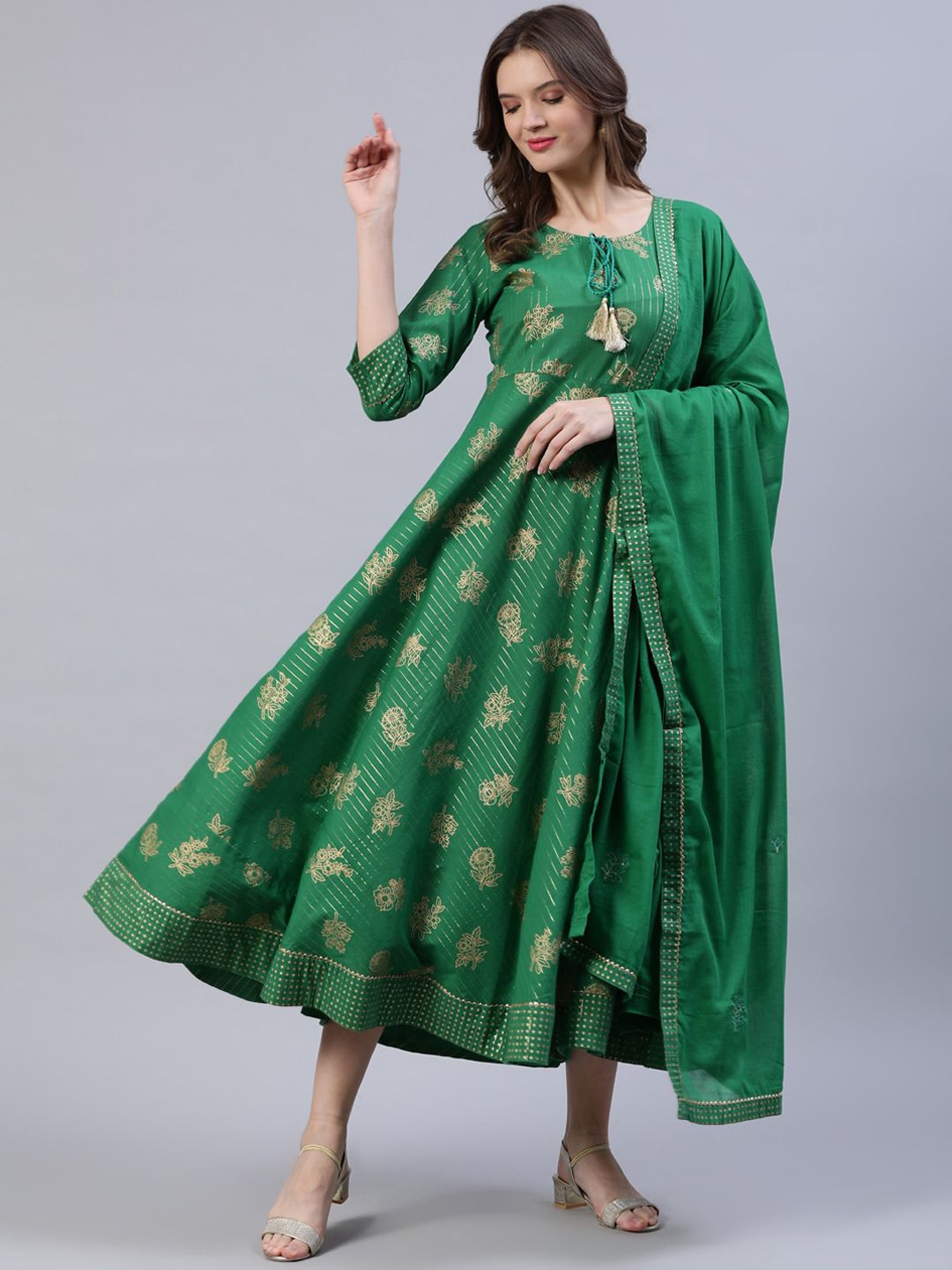 Nayo Women Green & Golden Printed Dress With Dupatta