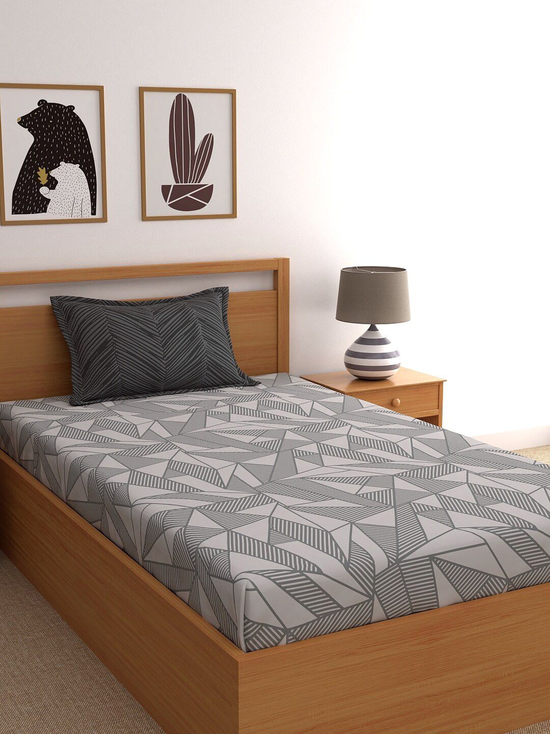 Home Ecstasy Unisex Grey Geometric bedsheet for Single Bed with 1 Pillow Cover Price in India