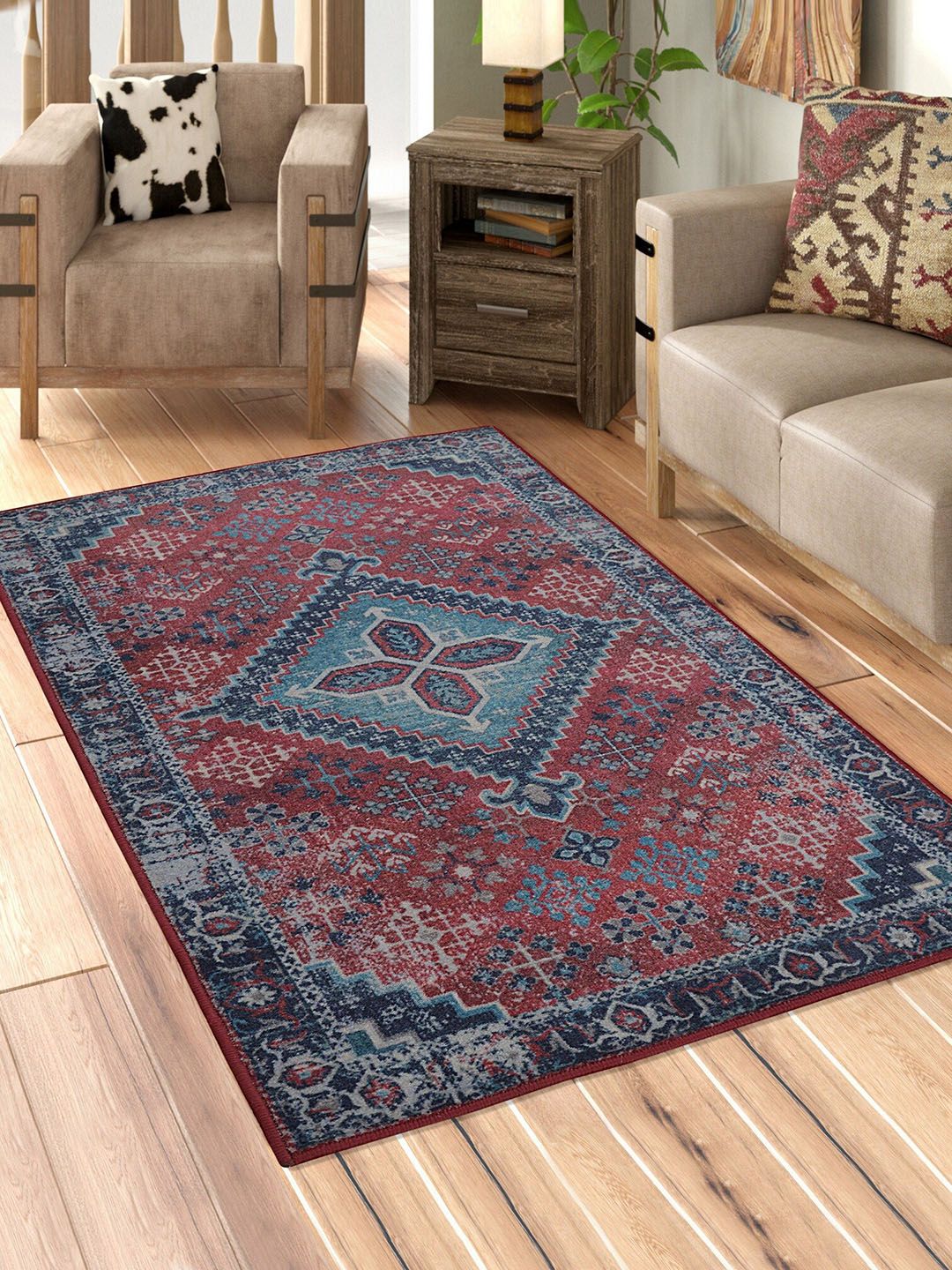 RUGSMITH Maroon & Navy Blue Classic Pattern Anti-Skid Carpet Price in India