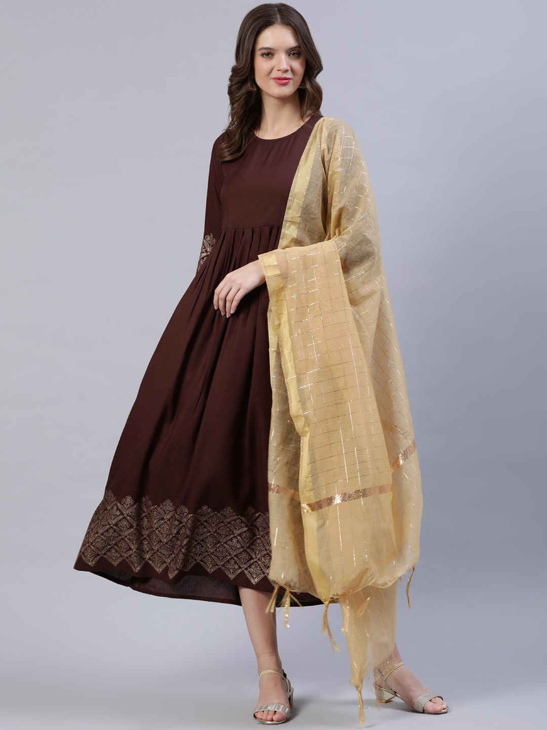 Nayo Women Brown & Beige Block Printed Ethnic Dress With Chanderi Dupatta