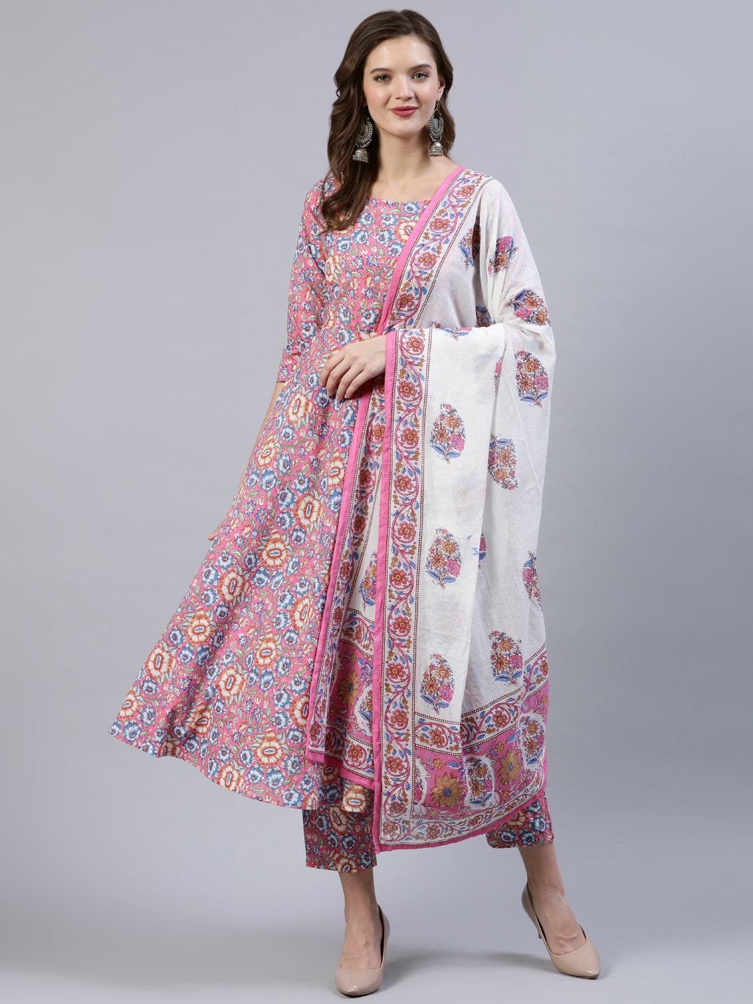 Nayo Women Pink & Off-White Floral Screen Print A-Line Pure Cotton Kurta Set With Dupatta Price in India