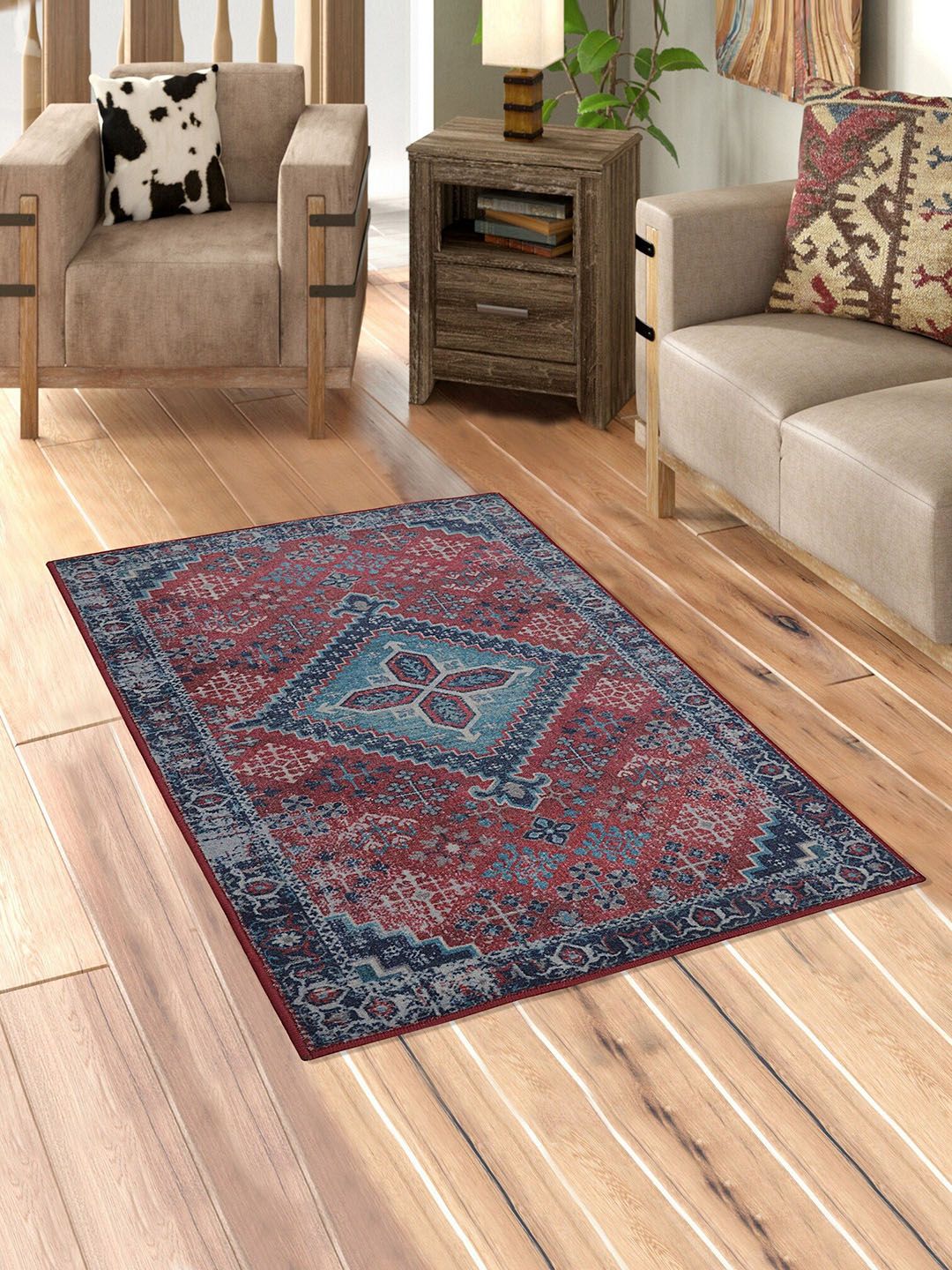 RUGSMITH Maroon & Blue Geometric Printed Anti-Skid Light Carpet Price in India