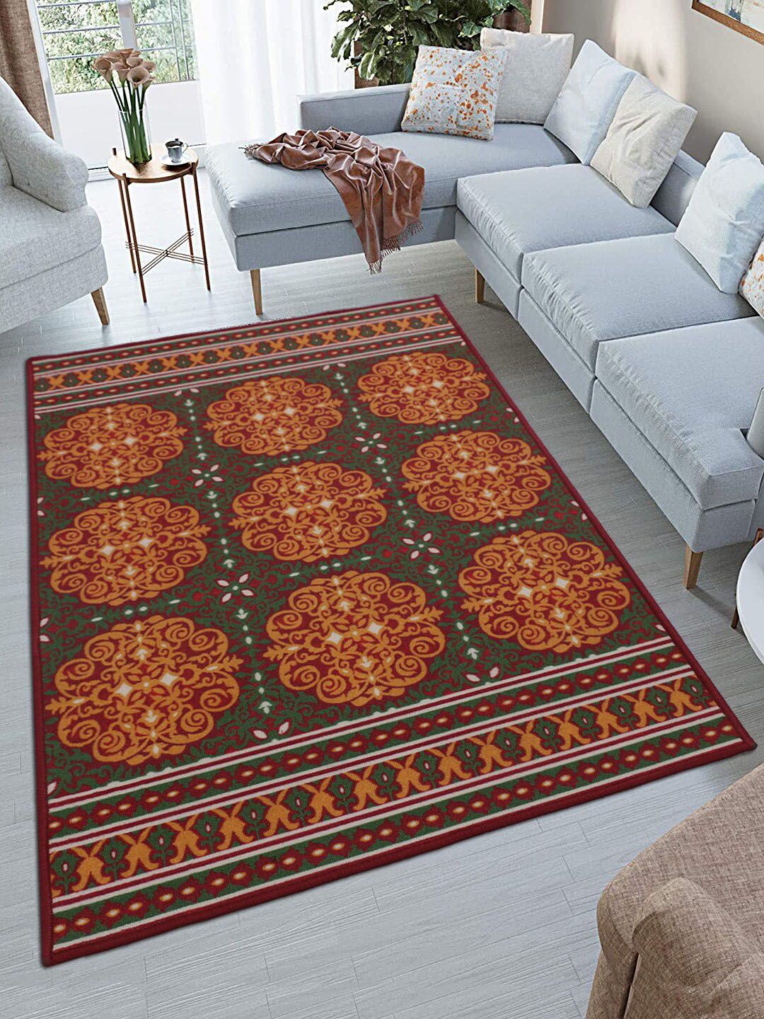 RUGSMITH Red & Orange Ethnic Motifs Printed Anti-Skid Rectangular Carpet Price in India