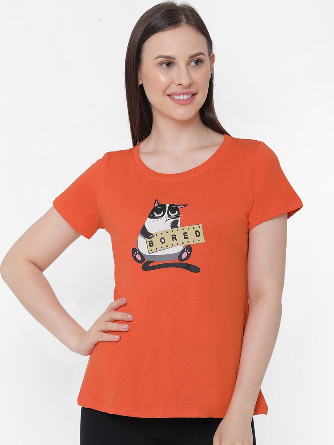 Soie Women Orange & Black Printed Lounge T-Shirt Price in India