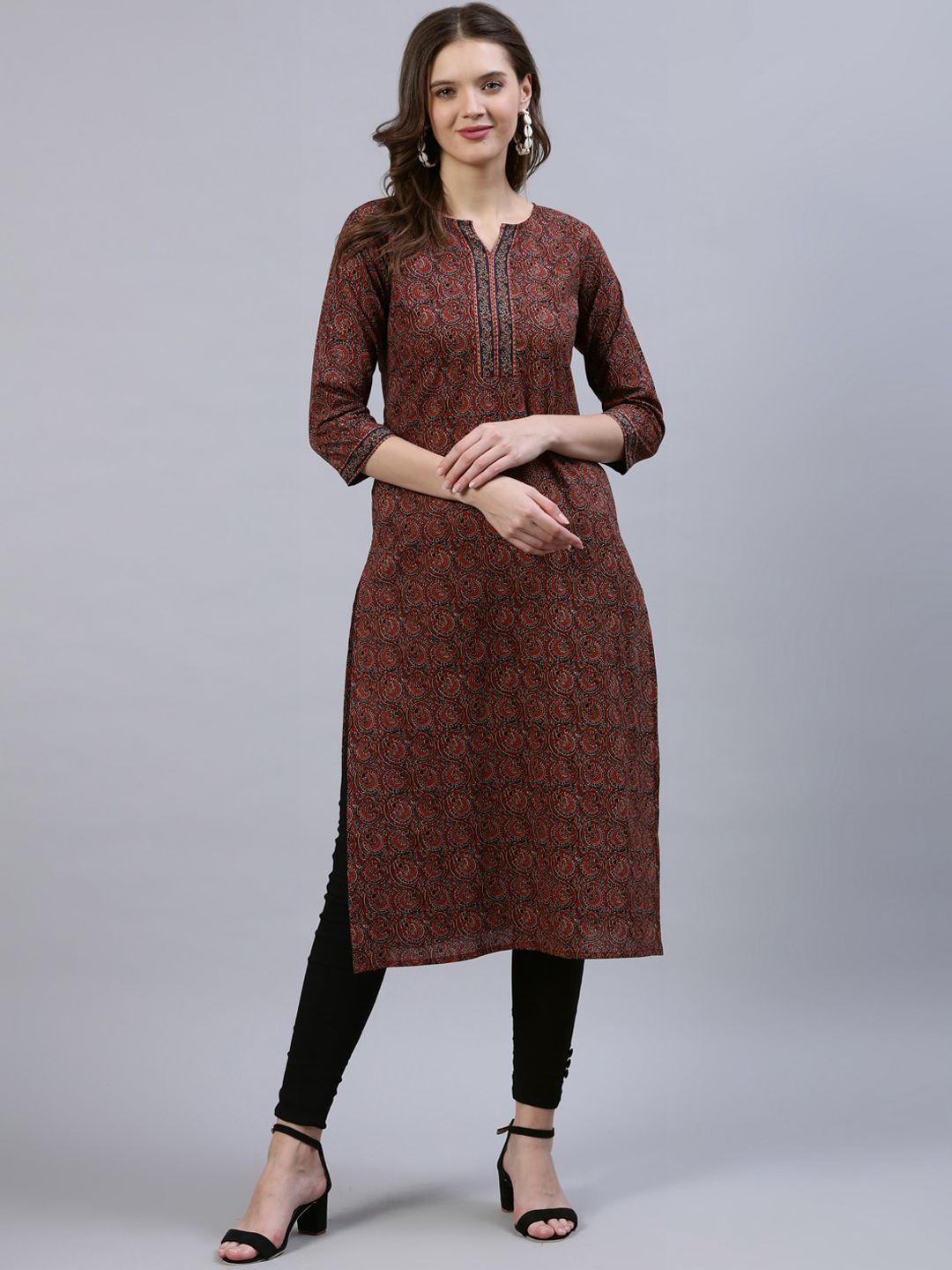 Nayo Women Maroon & Navy Blue Ethnic Motifs Printed Straight Kurta Price in India