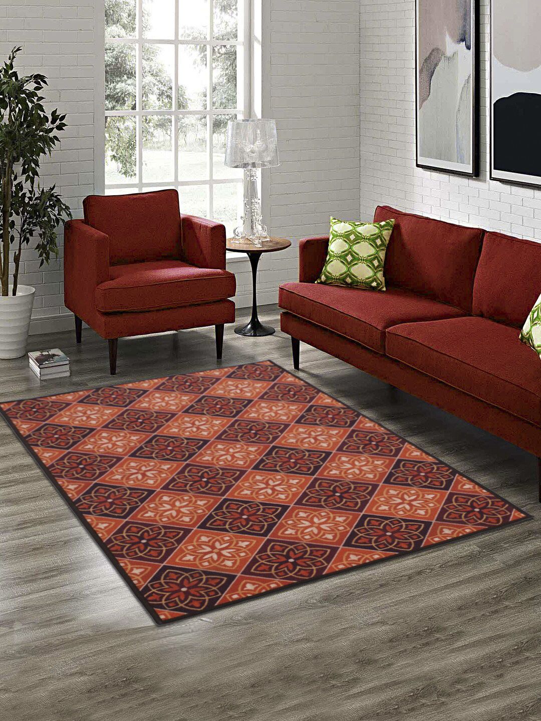 RUGSMITH Orange & Burgundy Printed Anti-Skid Carpet Price in India