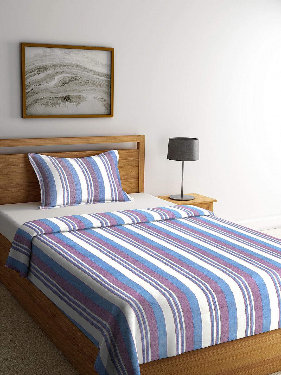 KLOTTHE Purple & White Striped Cotton Single Bed Cover With 1 Pillow Cover Price in India