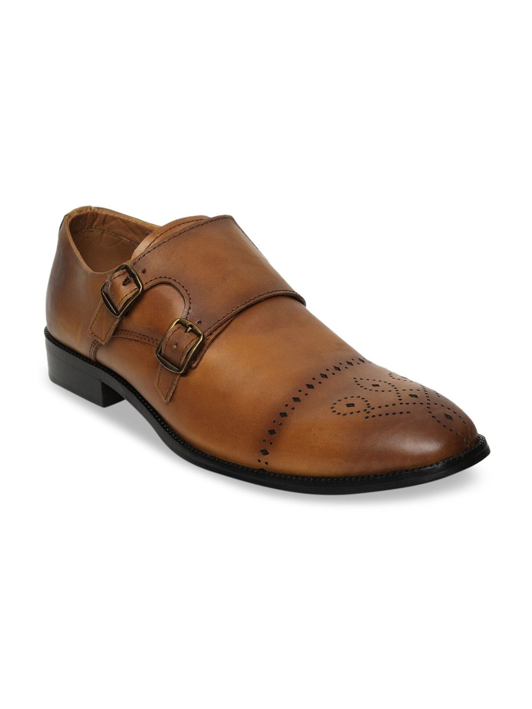 LOUIS STITCH Men Tan Brown Textured Italian Leather Double Monk Shoes