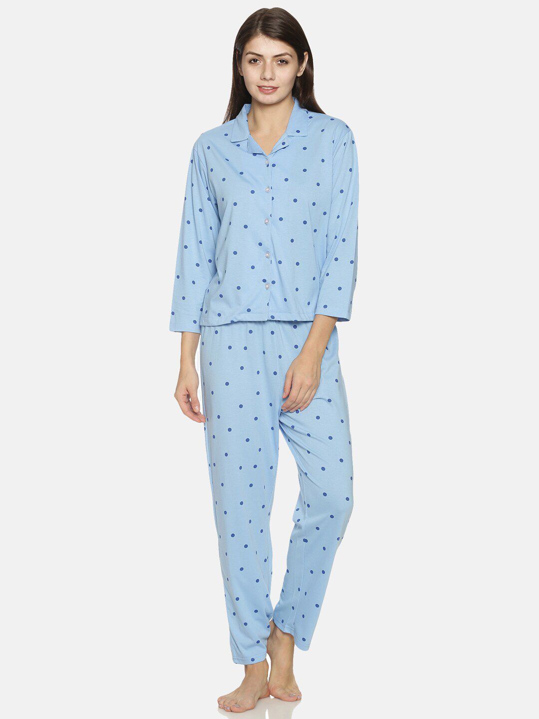 Campus Sutra Women Blue Polka Dot Printed Cotton Night Suit Price in India