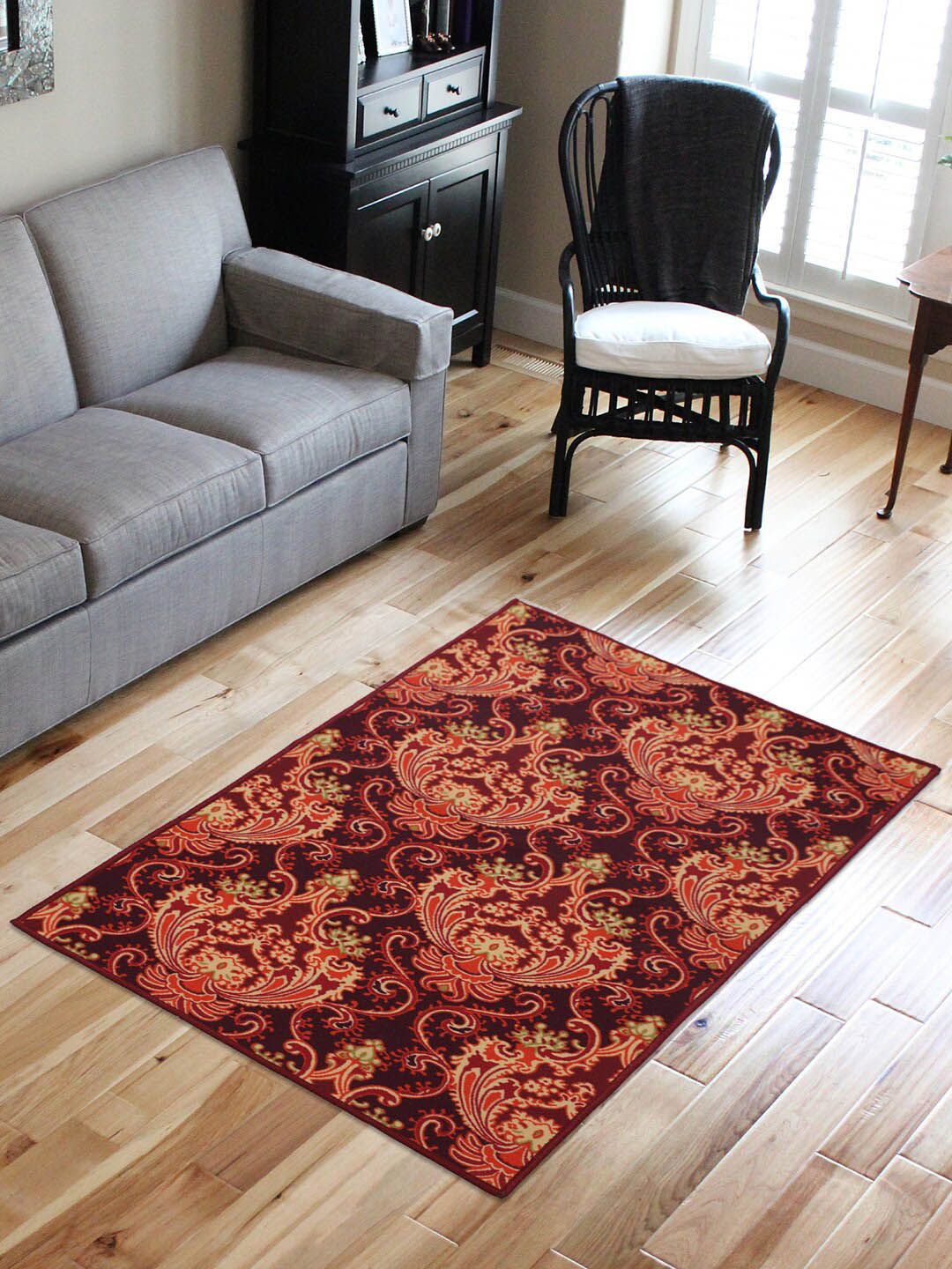 RUGSMITH Maroon & Orange Ethnic Motifs Printed Anti-Skid Light Rectangular Carpet Price in India