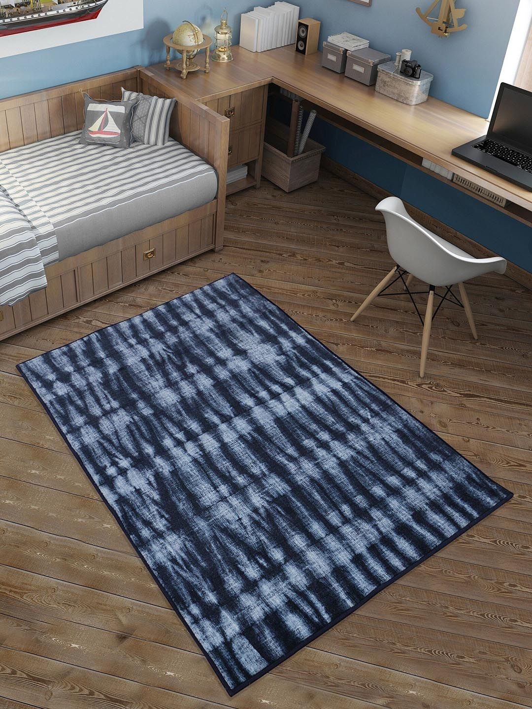RUGSMITH Navy Blue Modern Printed Rectangular Anti-Skid Carpet Price in India
