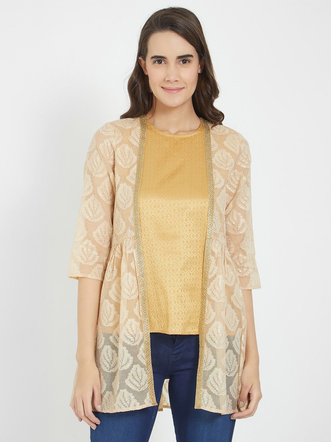 Fusion Beats Gold-Toned & Beige Printed Tunic Price in India