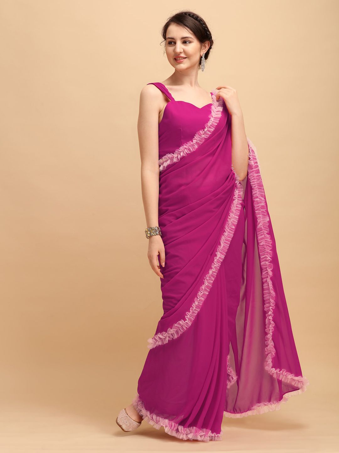 Sangria Magenta Solid Poly Georgette Ruffled Saree