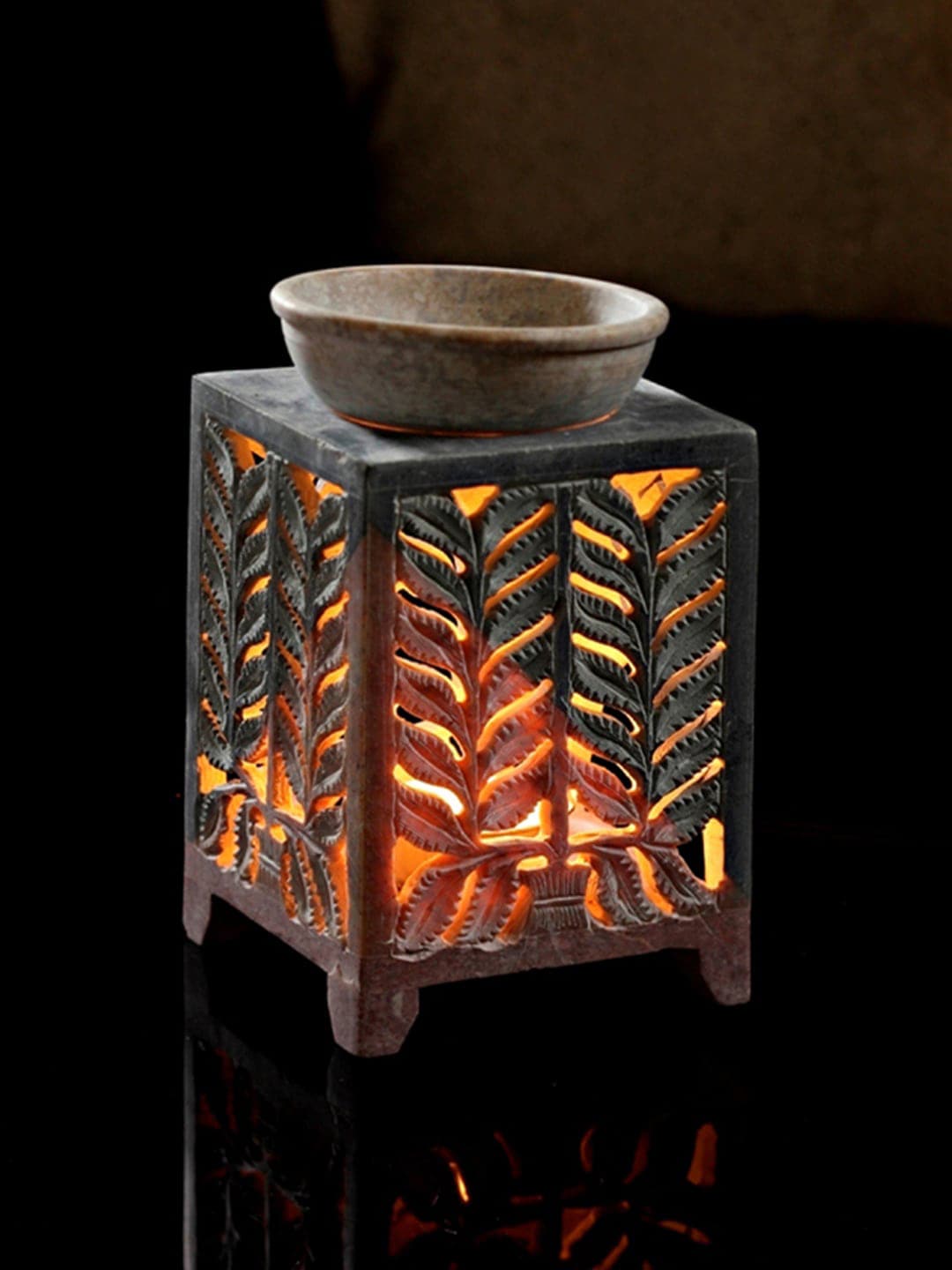 Aapno Rajasthan Grey Hand-Carved Tea Light Holder With Aroma Oil Burner Price in India