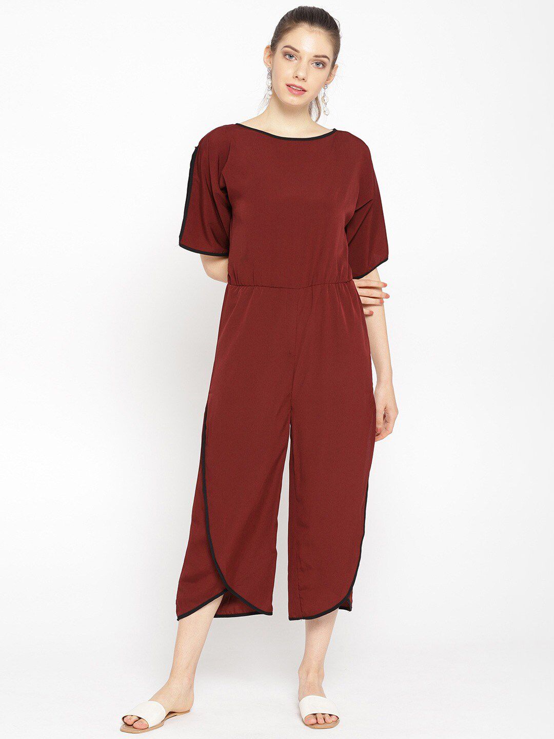 Cottinfab Women Maroon Solid Culotte Jumpsuit Price in India