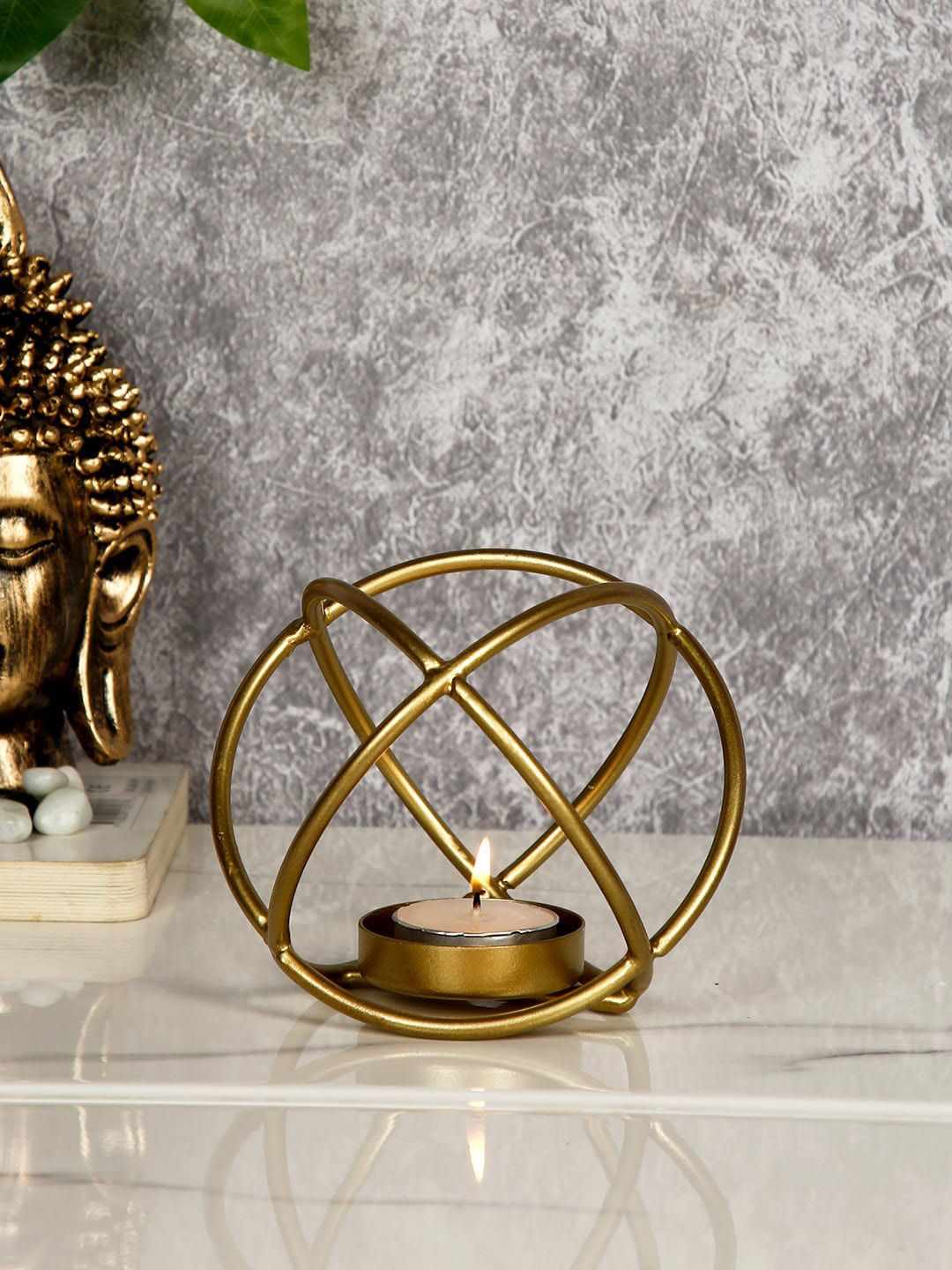 CraftVatika Gold-Toned Geometric Tealight Candle Holder Stand Showpiece Price in India