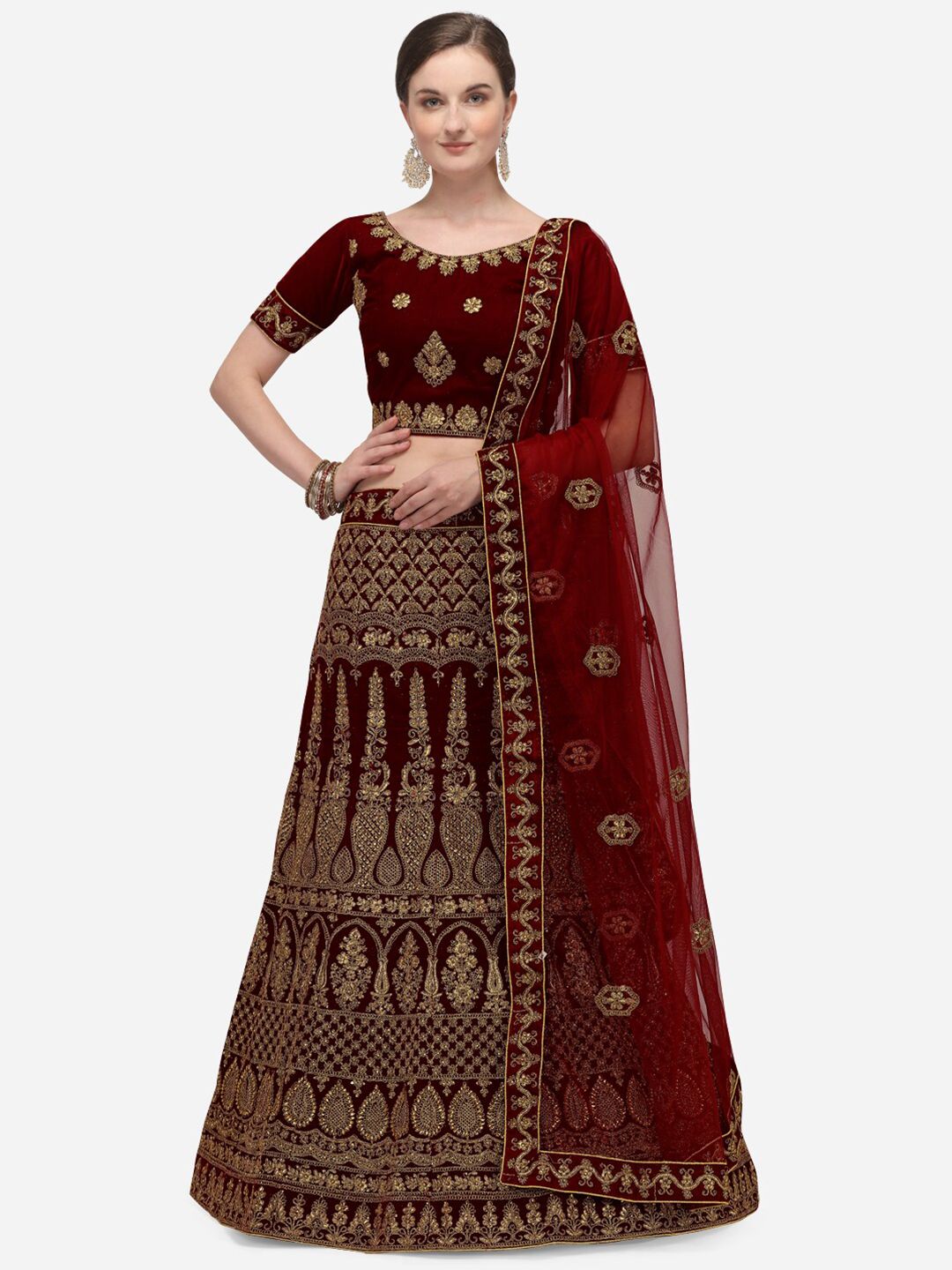 Netram Maroon & Gold-Toned Embroidered Semi-Stitched Lehenga & Unstitched Blouse with Dupatta