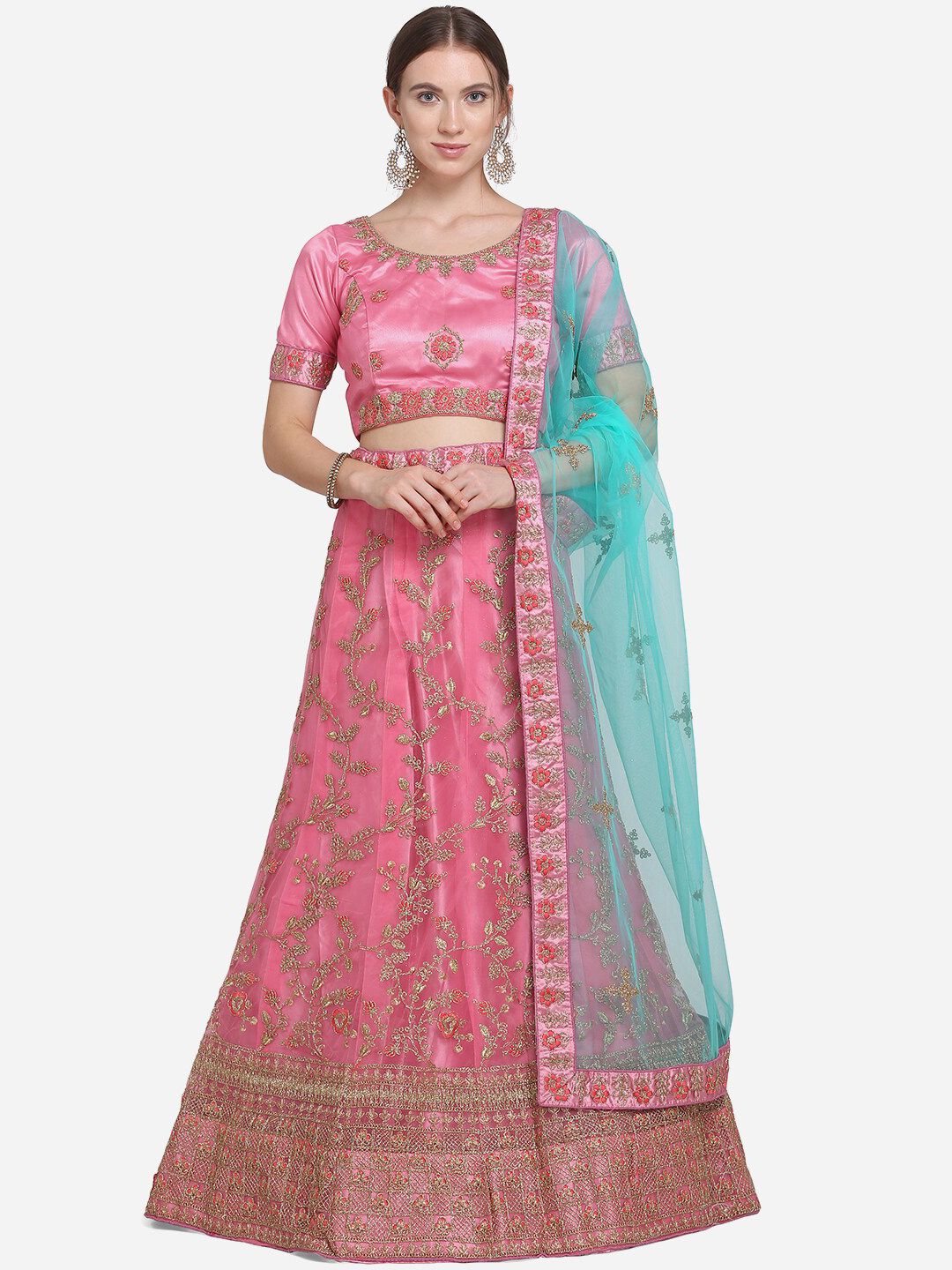 VRSALES Pink & Blue Embroidered Semi-Stitched Lehenga & Unstitched Blouse with Dupatta Price in India