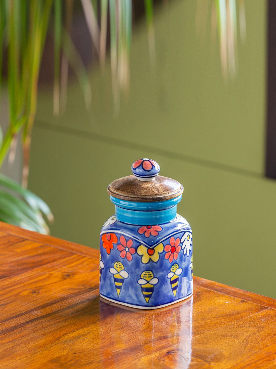 ExclusiveLane Blue & Brown Hand-painted Ceramic Airtight Canister Price in India