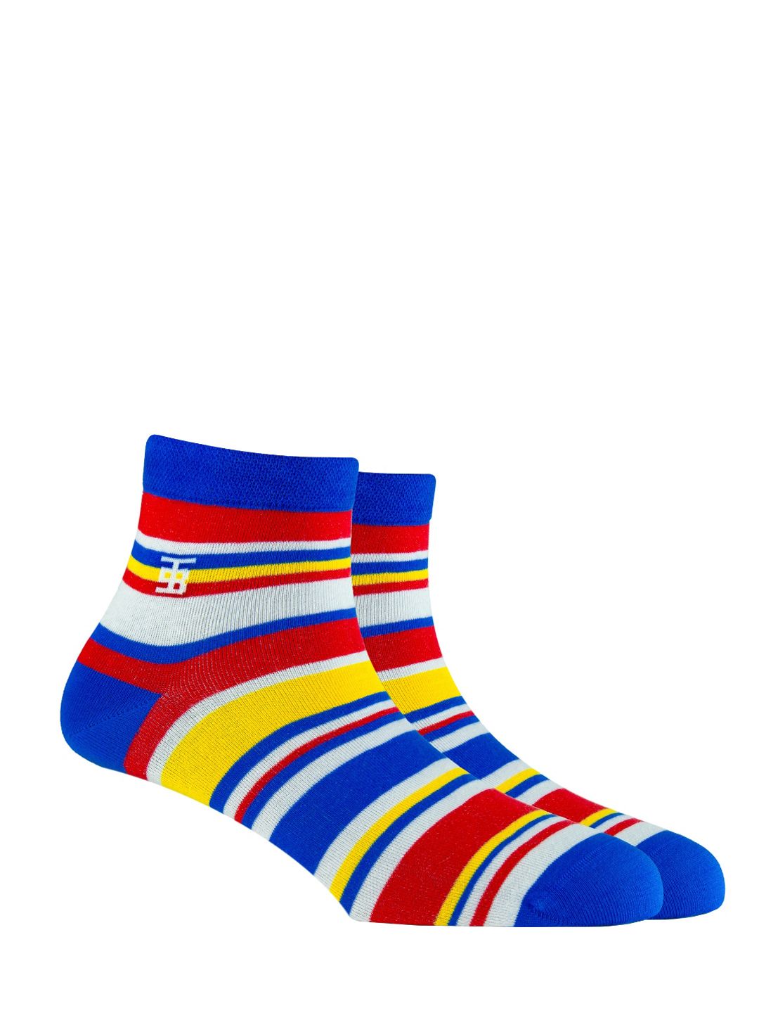 SockSoho Men White & Blue Striped Ankle-Length Socks