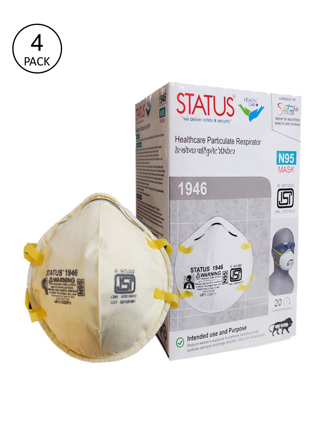 Status Unisex Pack Of 4 Yellow Solid 5-Ply Anti-Pollution Reusable N95 Masks Price in India