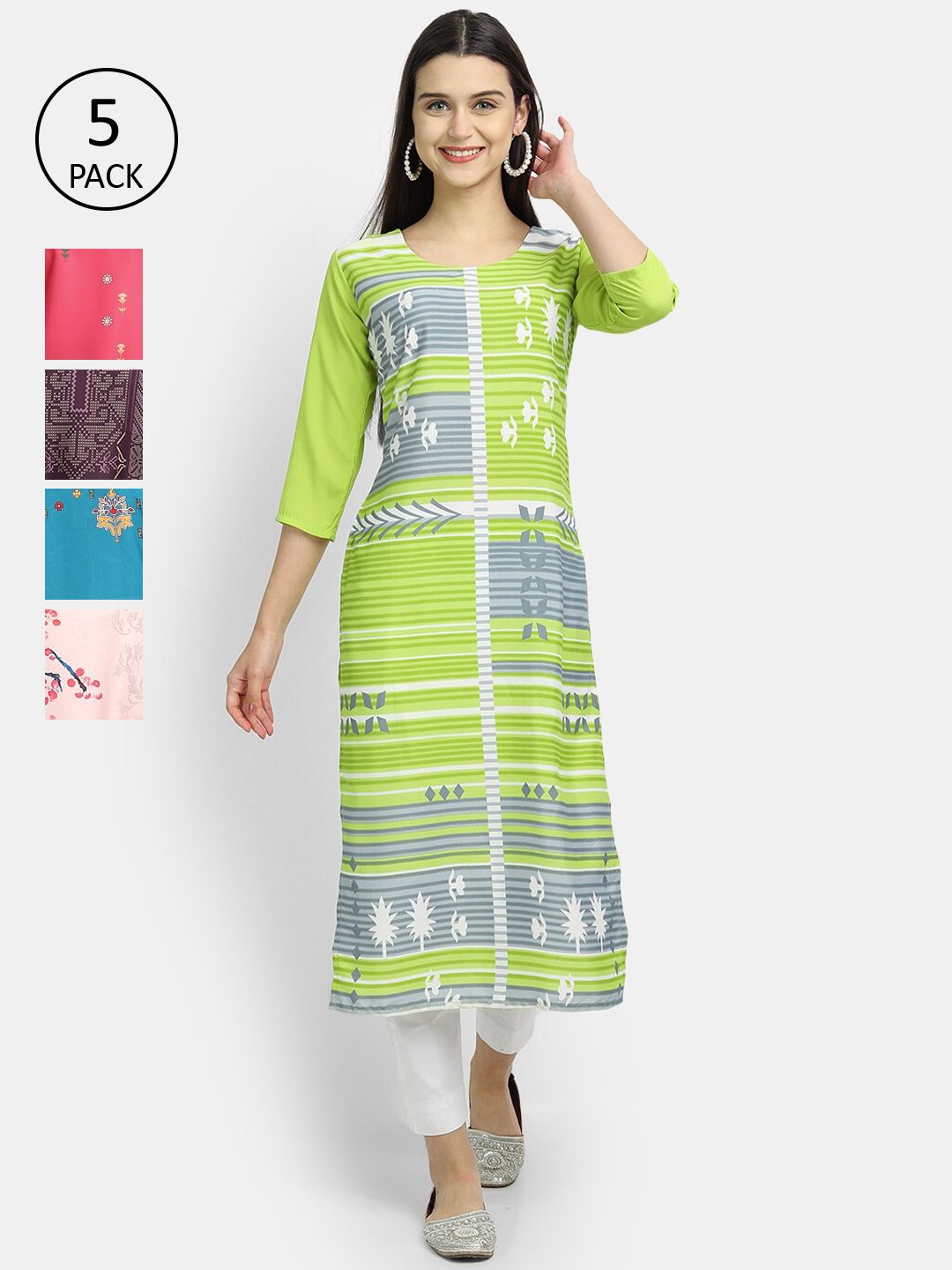 Ethnic basket Women Pack Of 5 Multicoloured Floral Printed Crepe Kurtas