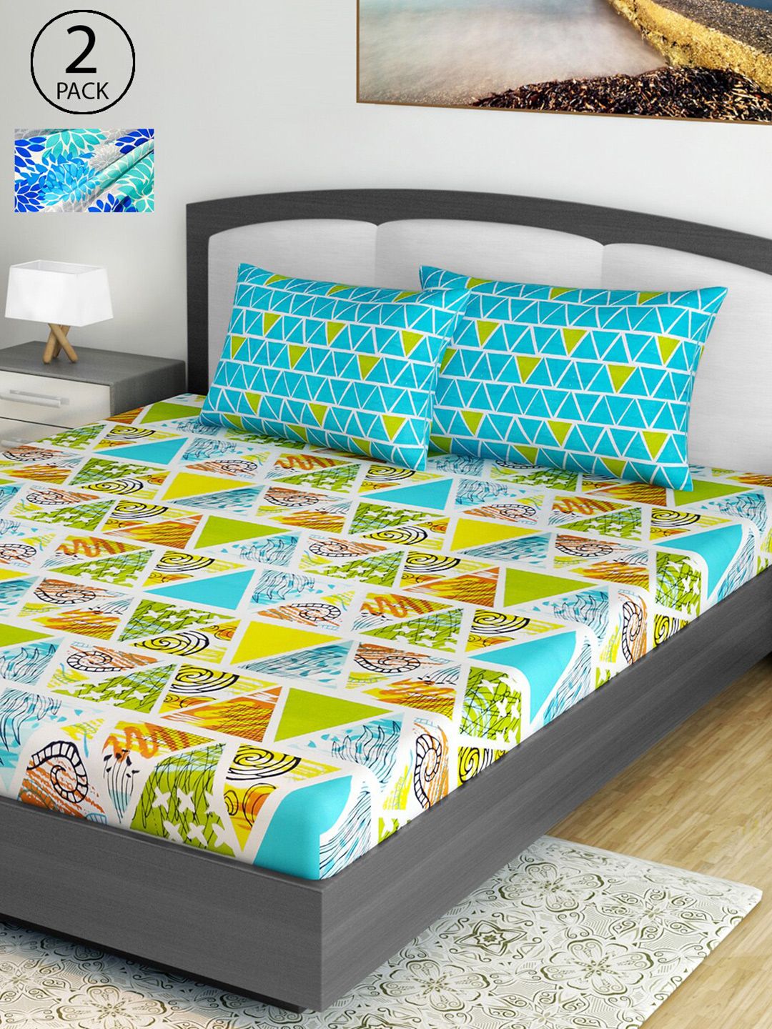 Divine Casa Yellow & Blue Geometric 144 TC Cotton 2 Queen Bedsheet with 4 Pillow Covers Price in India