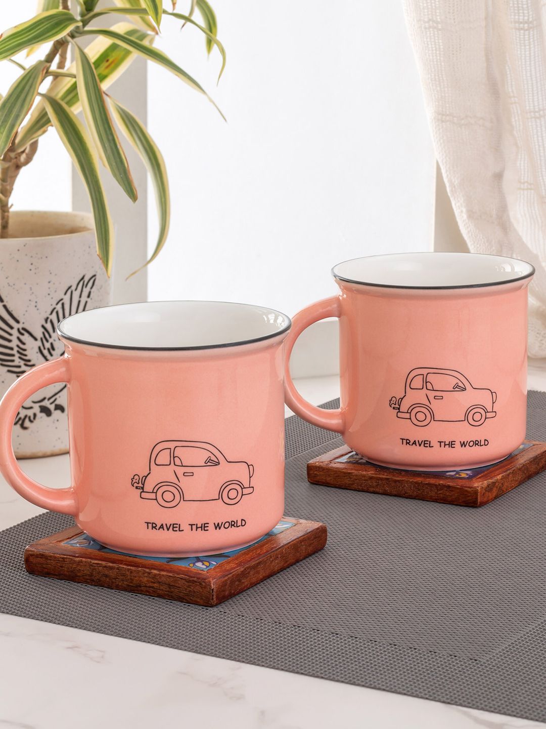 JCPL Peach-Coloured Set Of 2 Printed Ceramic Mugs Price in India