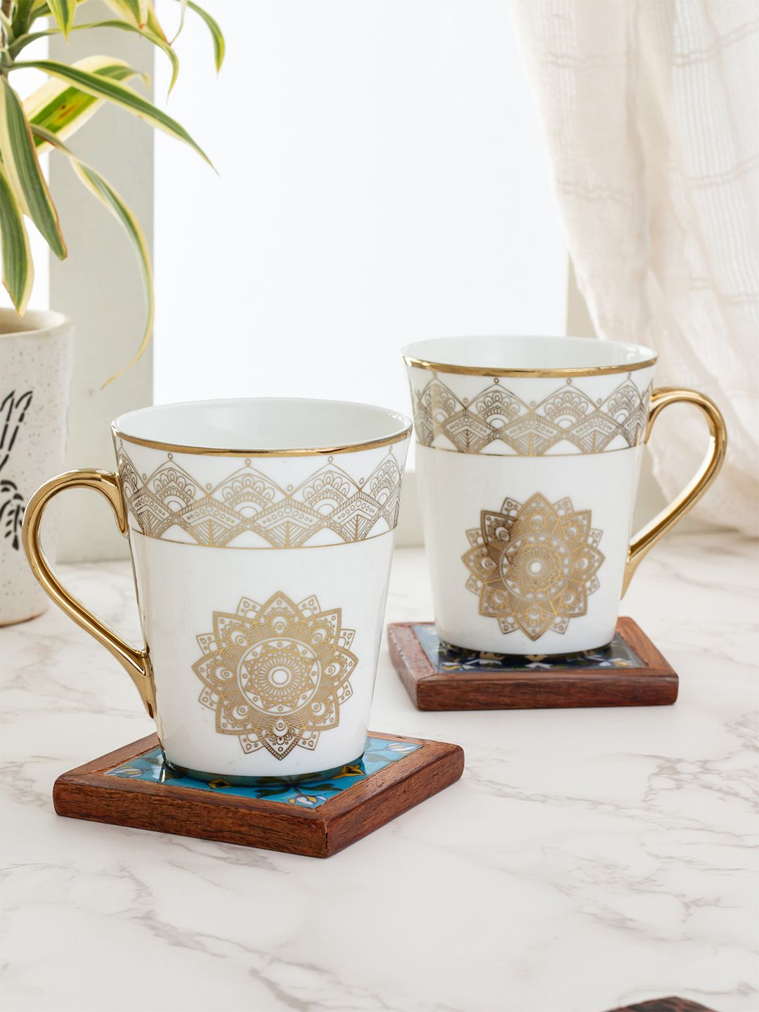 CLAY CRAFT White & Gold-Toned Set Of 2 Printed Ceramic Mugs Price in India