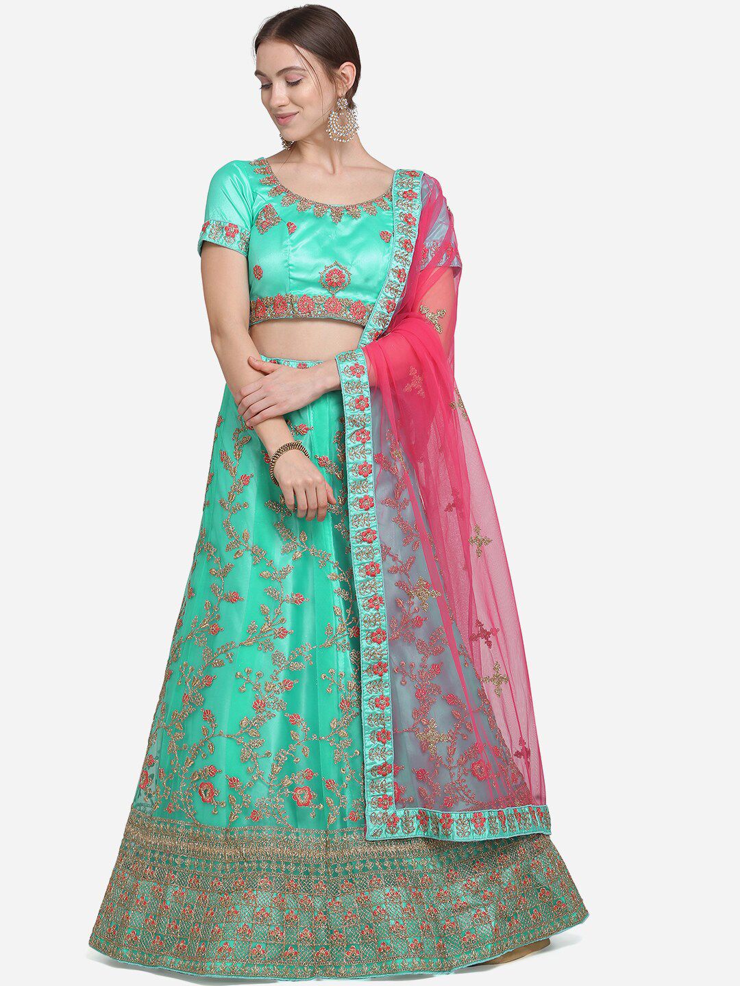 VRSALES Sea Green & Pink Embroidered Semi-Stitched Lehenga & Unstitched Blouse with Dupatta Price in India