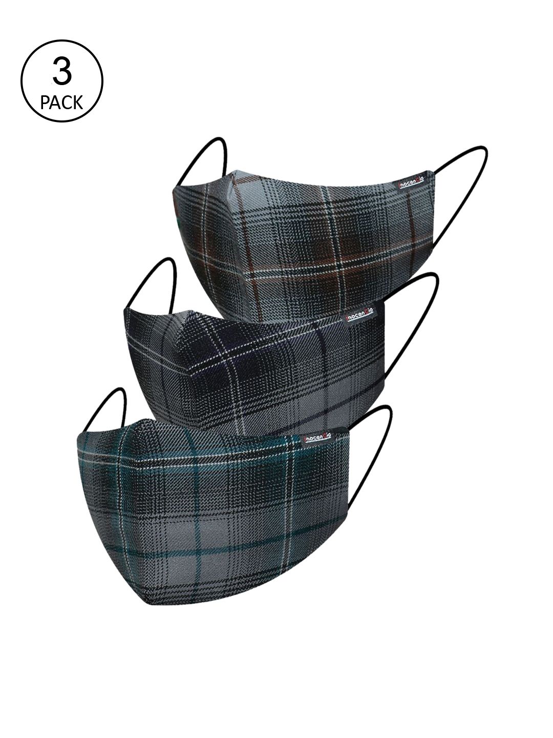 inocenCia Women Pack of 3 Checked 2-Ply Anti-Dust Reusable Outdoor Cloth Masks Price in India