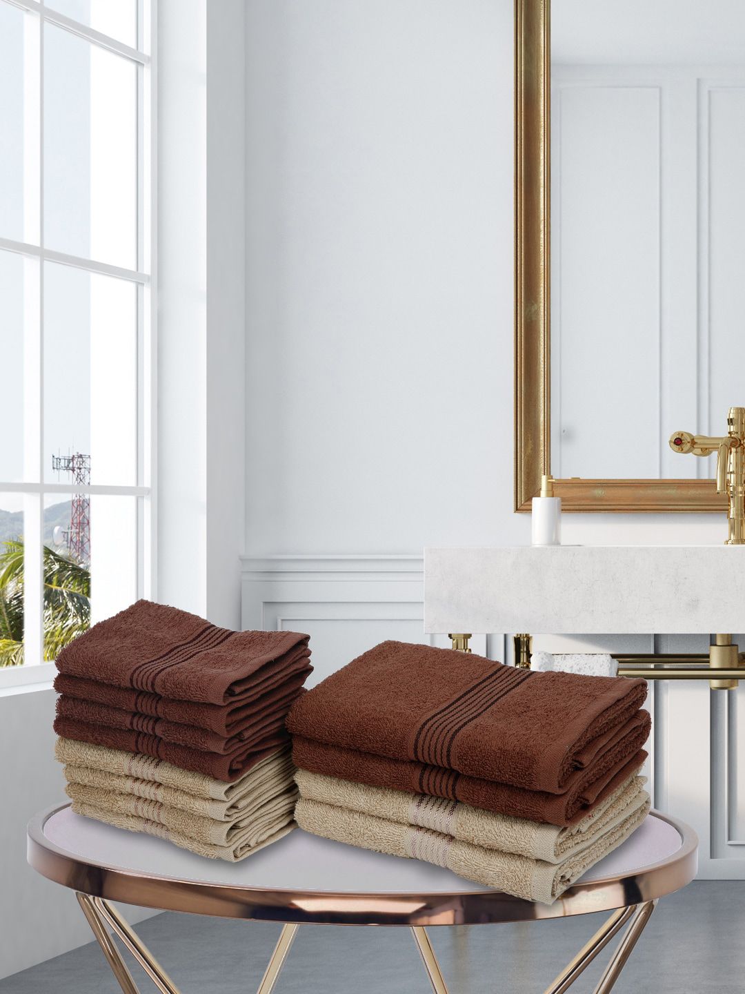 BIANCA Set Of 12 Brown & Taupe-Brown Solid 380 GSM Cotton Towel Set Price in India