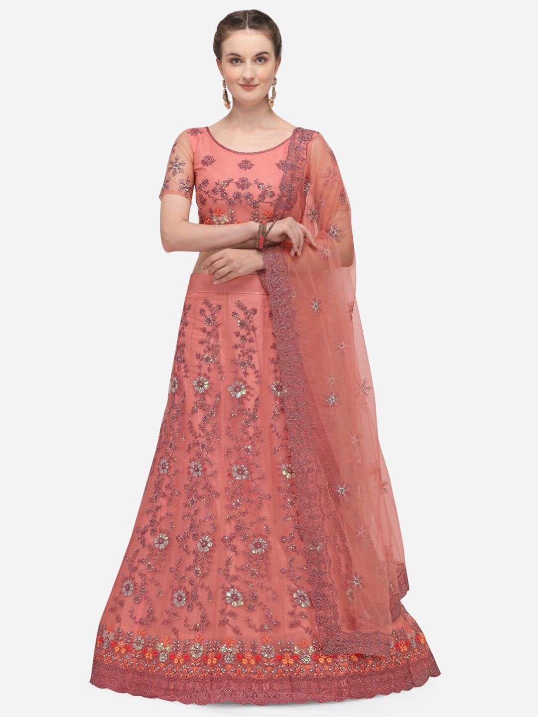 Netram Pink & Red Embroidered Semi-Stitched Lehenga & Unstitched Blouse with Dupatta