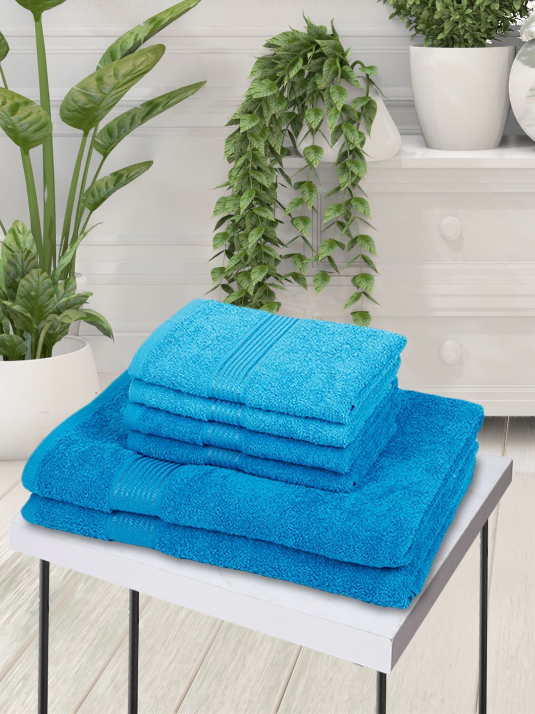 BIANCA Set Of 6 Turquoise Blue Solid Pure Cotton 380 GSM Towel Set Price in India
