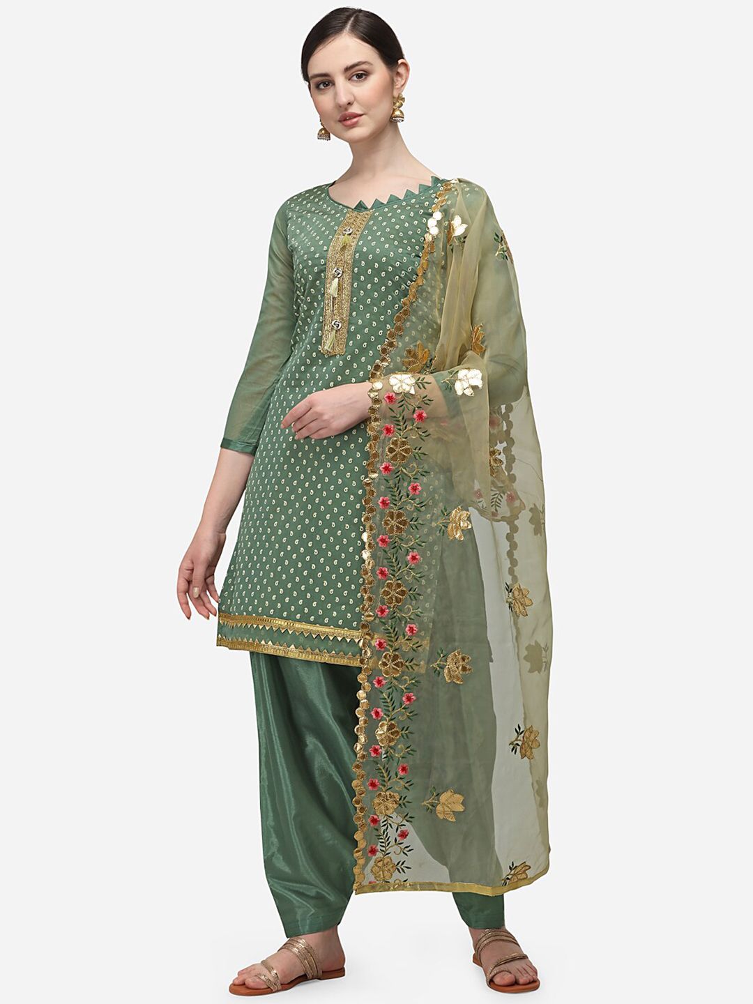Ethnic Junction Green & Gold-Toned Silk Blend Unstitched Dress Material Price in India