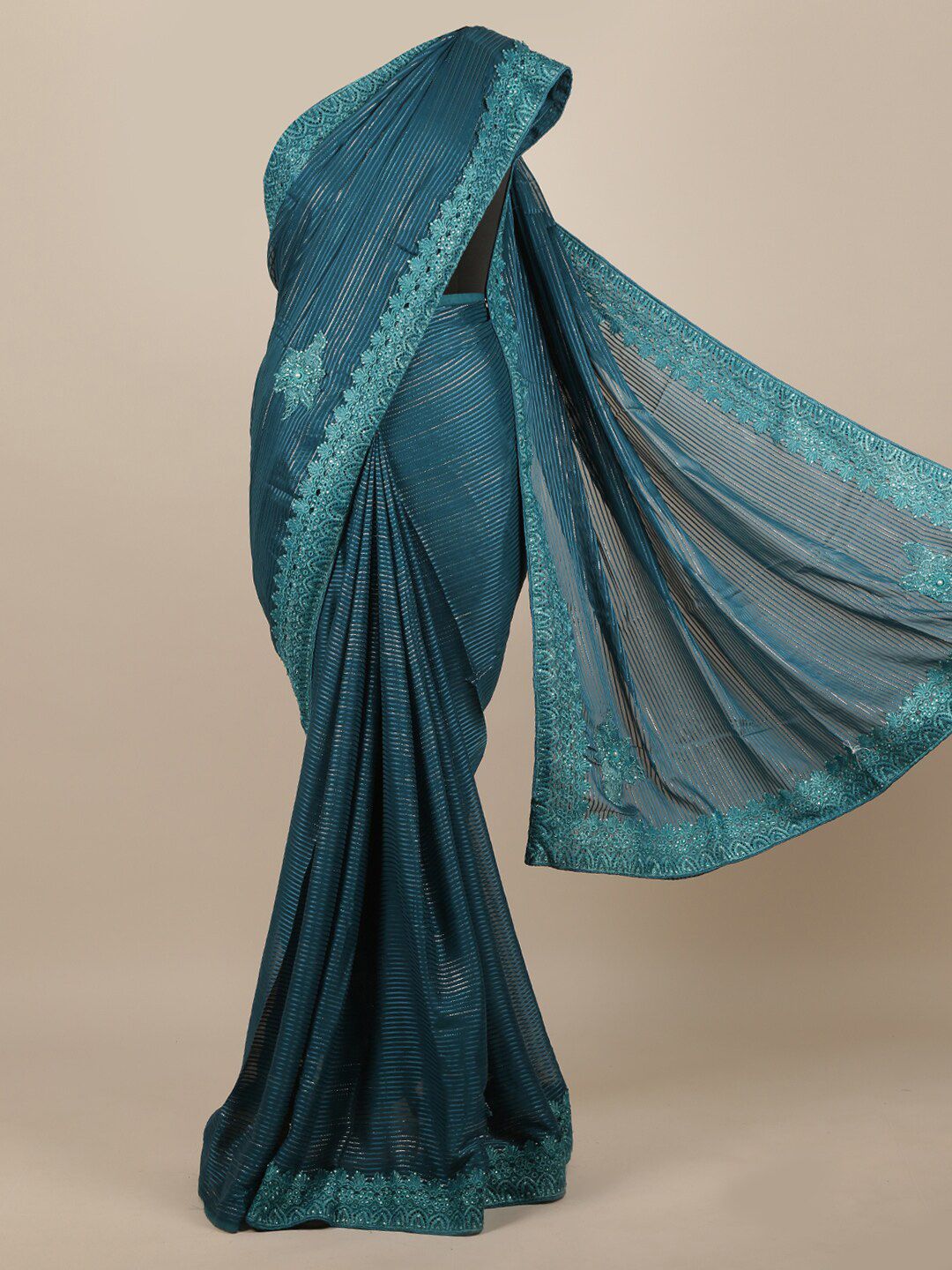 Pothys Blue Embroidered Poly Chiffon Saree