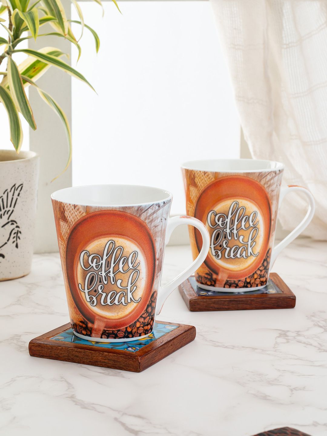 CLAY CRAFT Set Of 2 White & Brown Printed Ceramic Mugs 320 ml Price in India