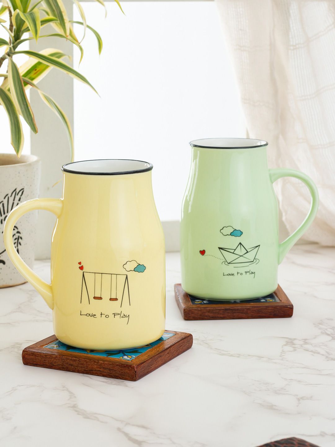 JCPL Set Of 2 Yellow & Green Printed Ceramic Milk Mugs 320 ml Price in India