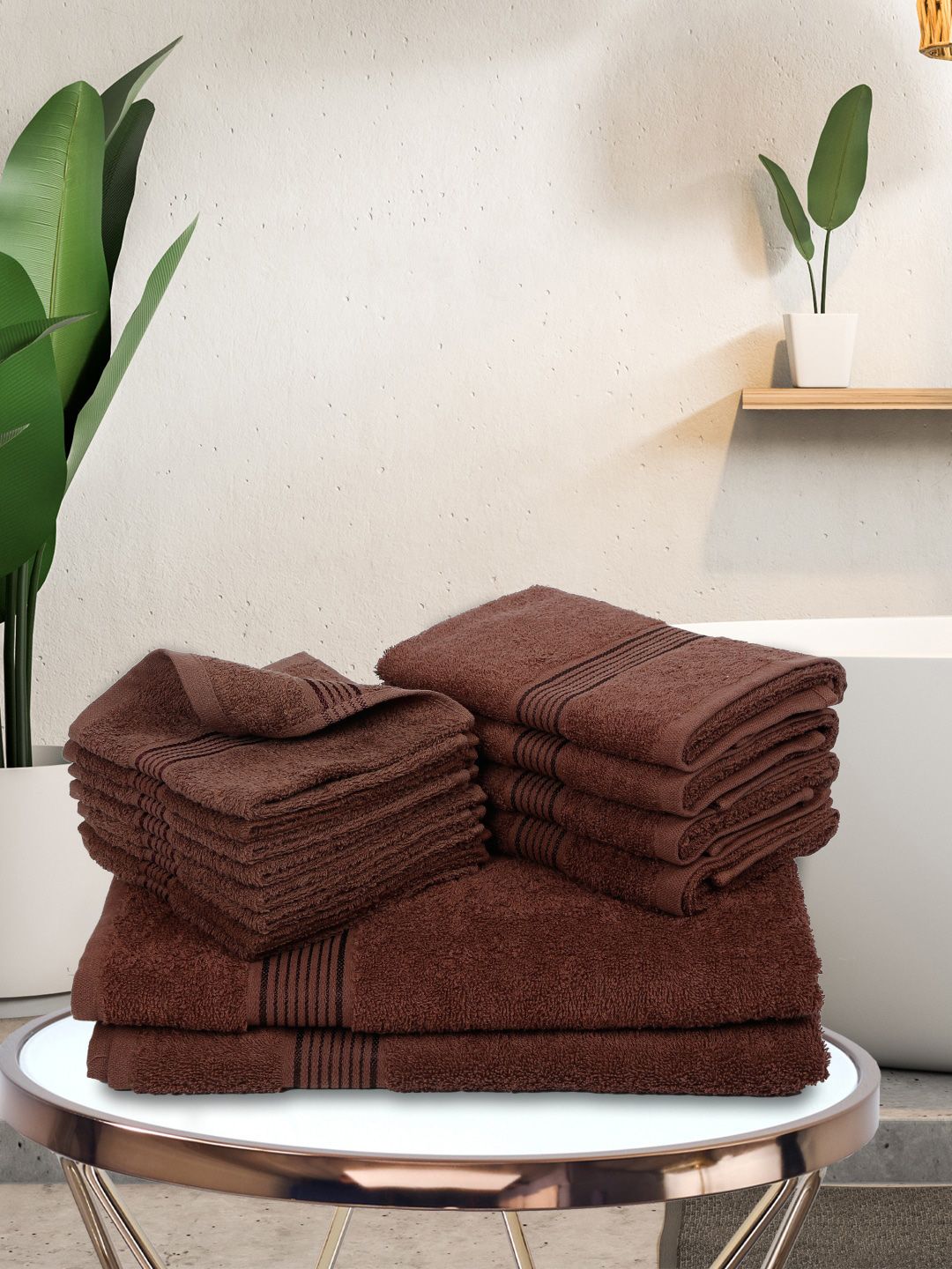 BIANCA Set Of 14 Brown Solid Pure Cotton 380 GSM Super-Soft Towel Set Price in India