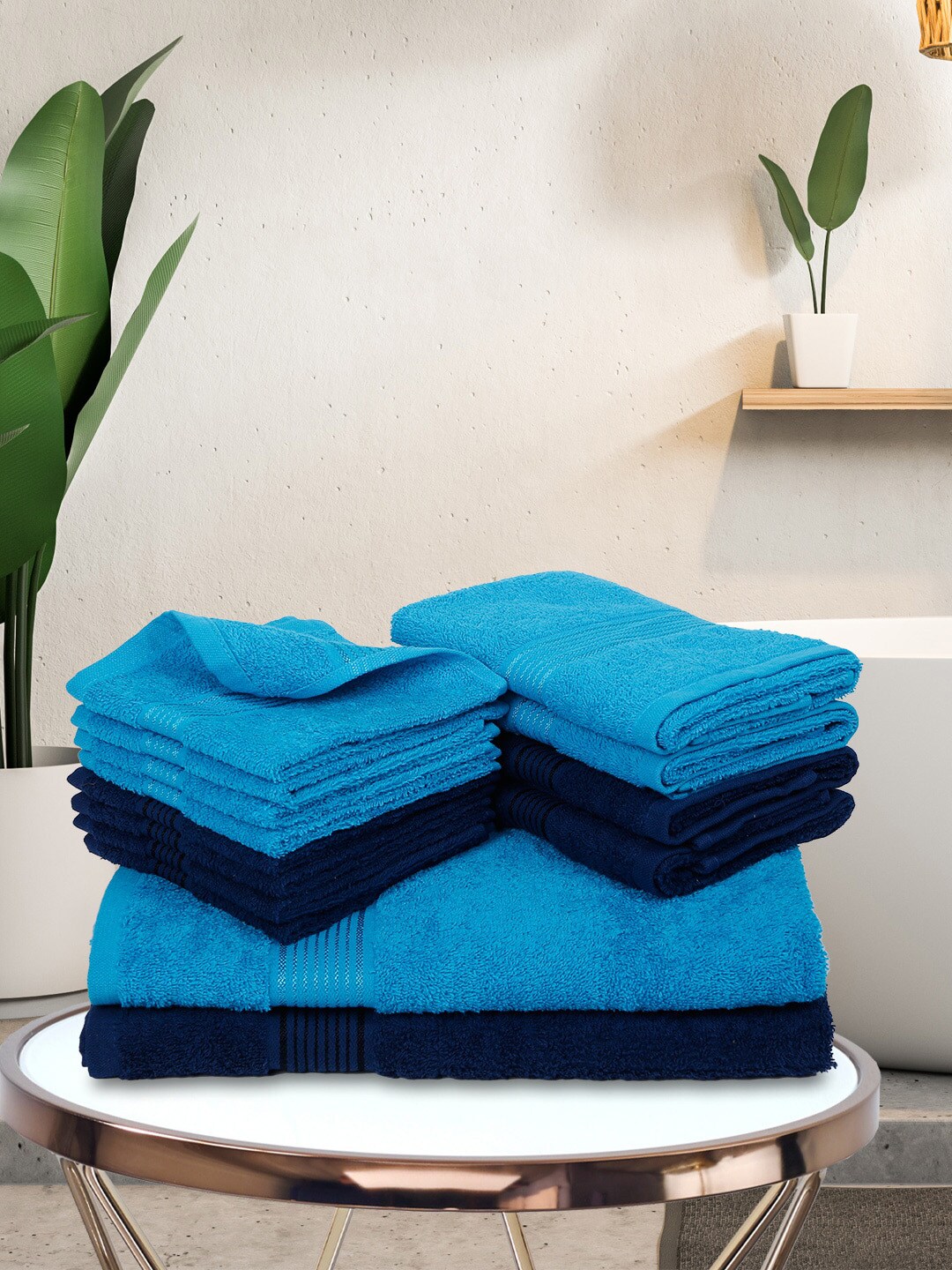 BIANCA Unisex Set Of 14 Blue Solid 380 GSM Pure Cotton Super-Soft Terry Towels Price in India