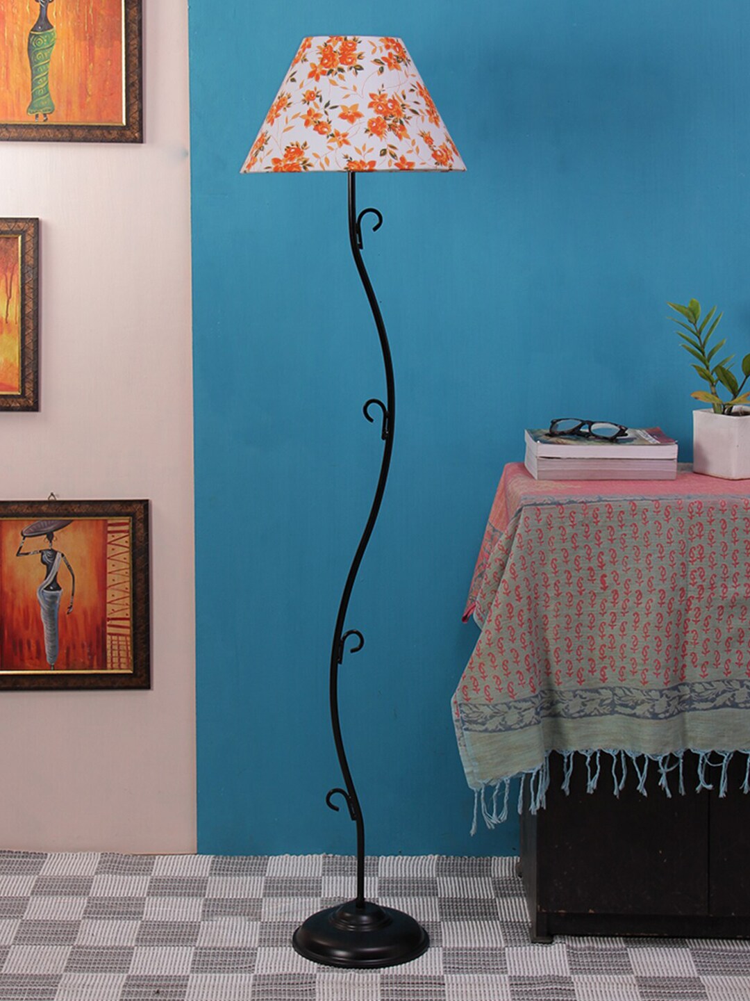 Devansh White & Orange Printed Traditional Club Lamp with Shade Price in India