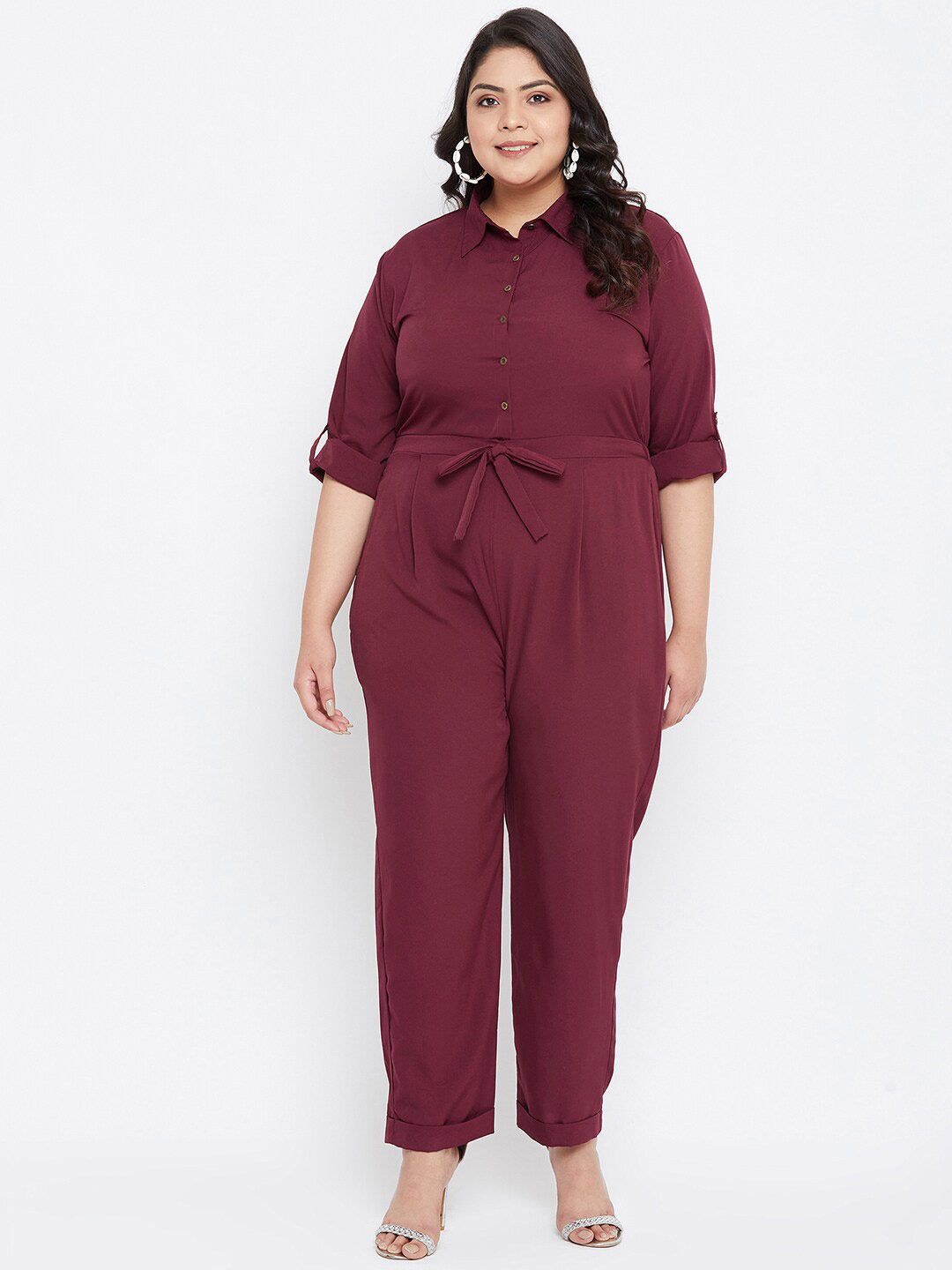 Uptownie Lite Plus Size Maroon Solid Basic Jumpsuit Price in India