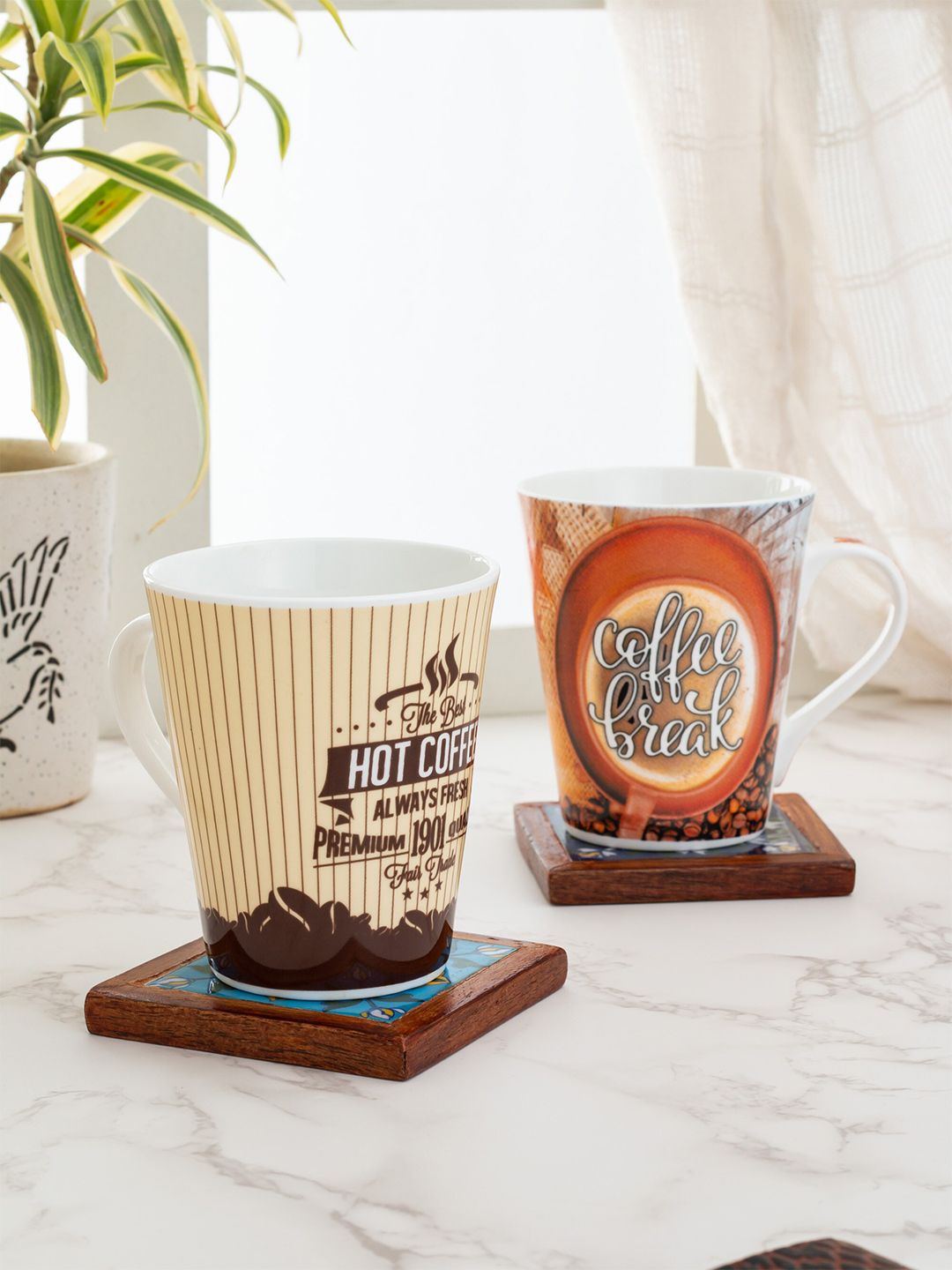 CLAY CRAFT Set of 2 Beige & Coffee Brown Printed Ceramic Mugs Price in India