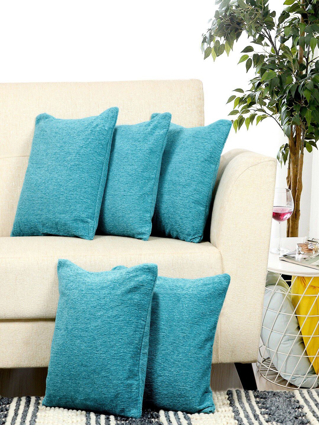 BELLA TRUE Turquoise Blue Set of 5 Solid Square Cushion Covers Price in India