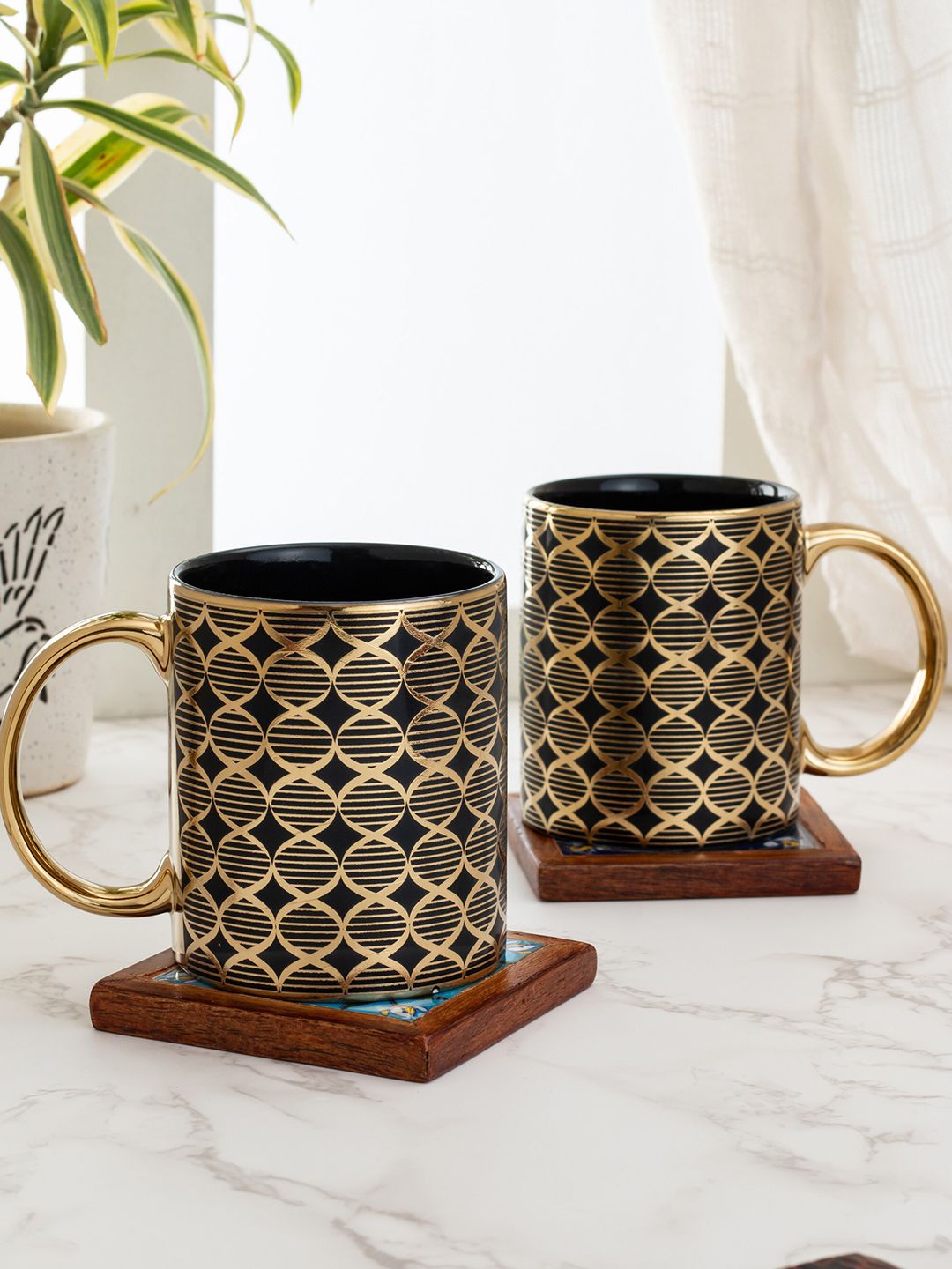 CLAY CRAFT Black & Gold-Toned 2-Pieces Printed Ceramic Mugs Set Price in India