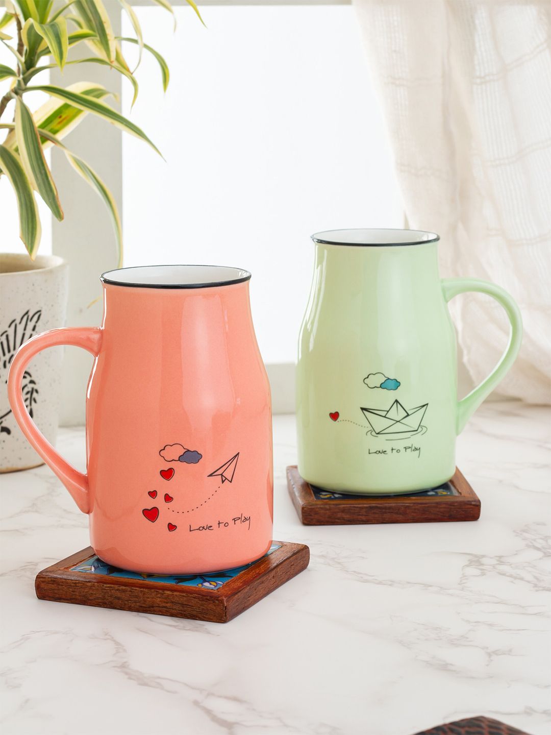 JCPL Green & Peach-Coloured Set Of 2 Printed Ceramic Mugs Price in India