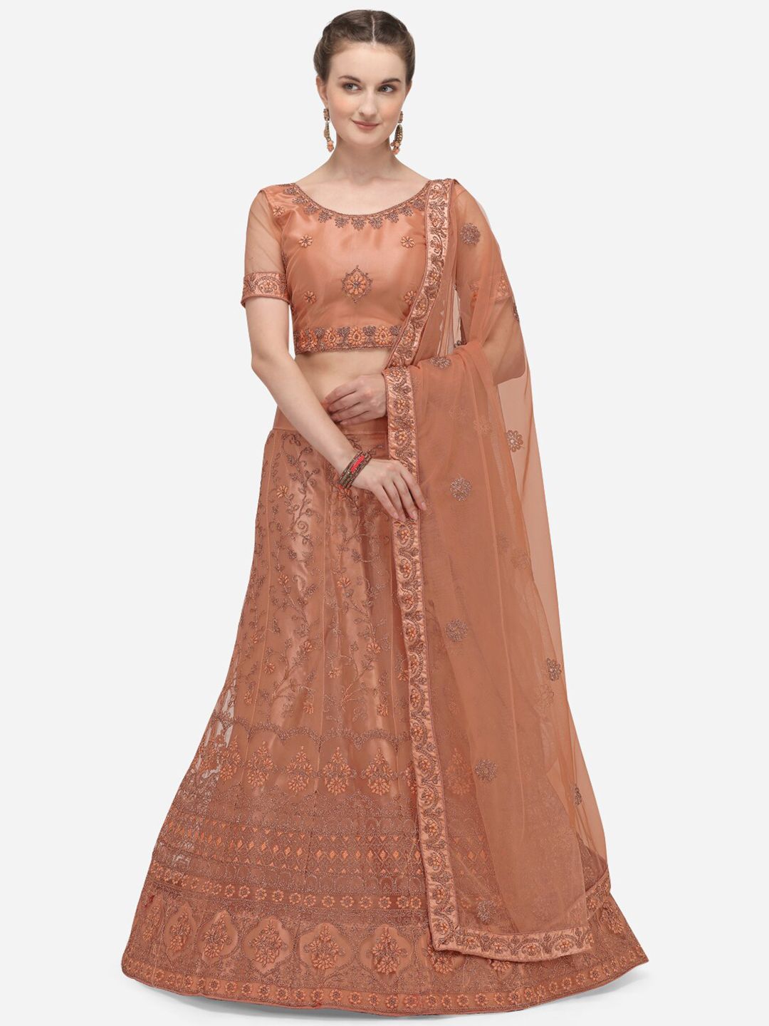 Netram Peach-Coloured Embroidered Semi-Stitched Lehenga Choli